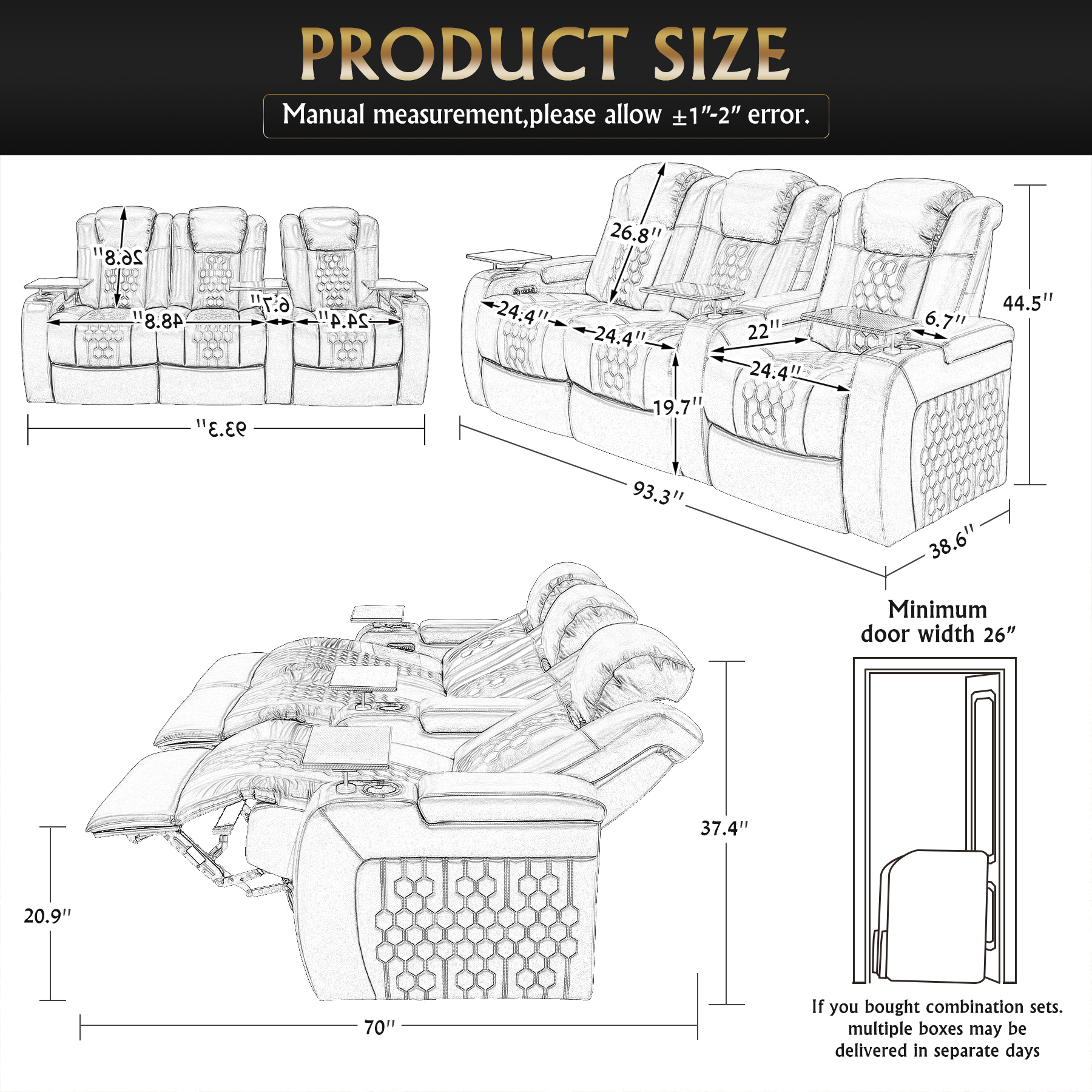 93.3"Power Recliner 3 PC Made WithTop-Grain Nappa,Fully Adjustable Relaxation,Smart Charging,Dynamic RGB LED Lighting,COFFEE - Image 4