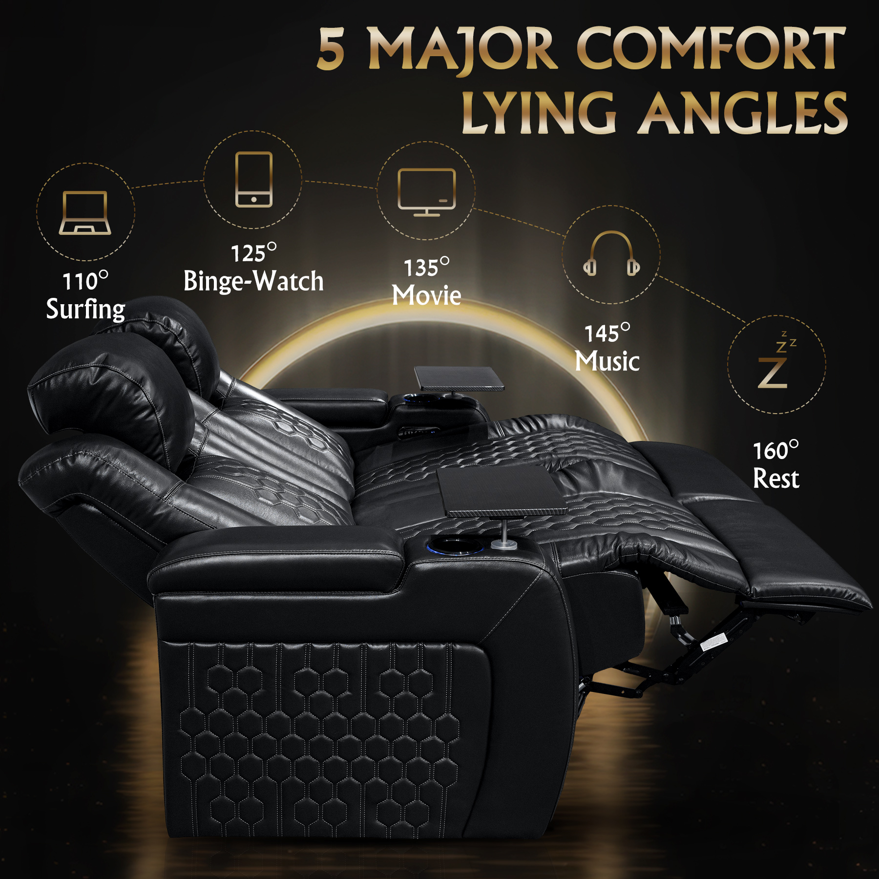 62.2"Power Recliner 2 PC Made WithTop-Grain Nappa,Fully Adjustable Relaxation,Smart Charging,Dynamic RGB LED Lighting,BLACK - Image 5