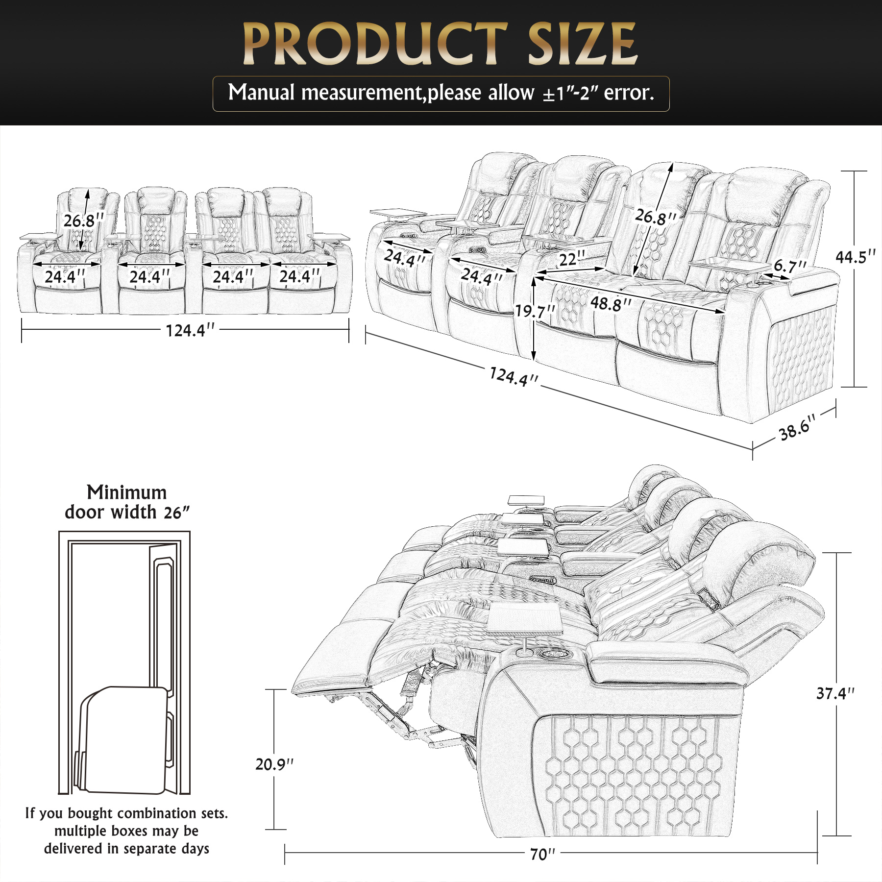 124.4"Power Recliner 4 PC Made WithTop-Grain Nappa,Fully Adjustable Relaxation,Smart Charging,Dynamic RGB LED Lighting,BLACK - Image 4