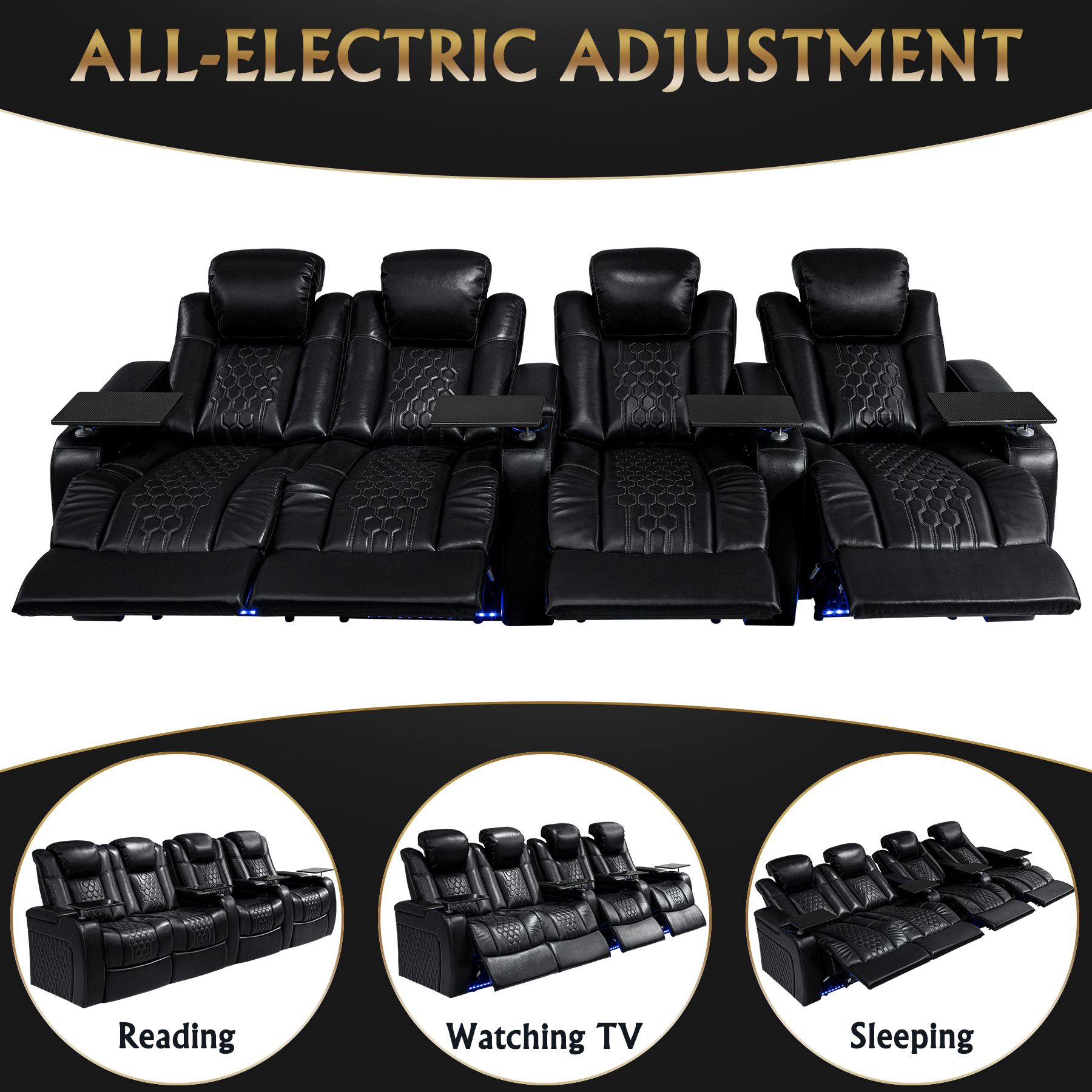 124.4"Power Recliner 4 PC Made WithTop-Grain Nappa,Fully Adjustable Relaxation,Smart Charging,Dynamic RGB LED Lighting,BLACK - Image 6