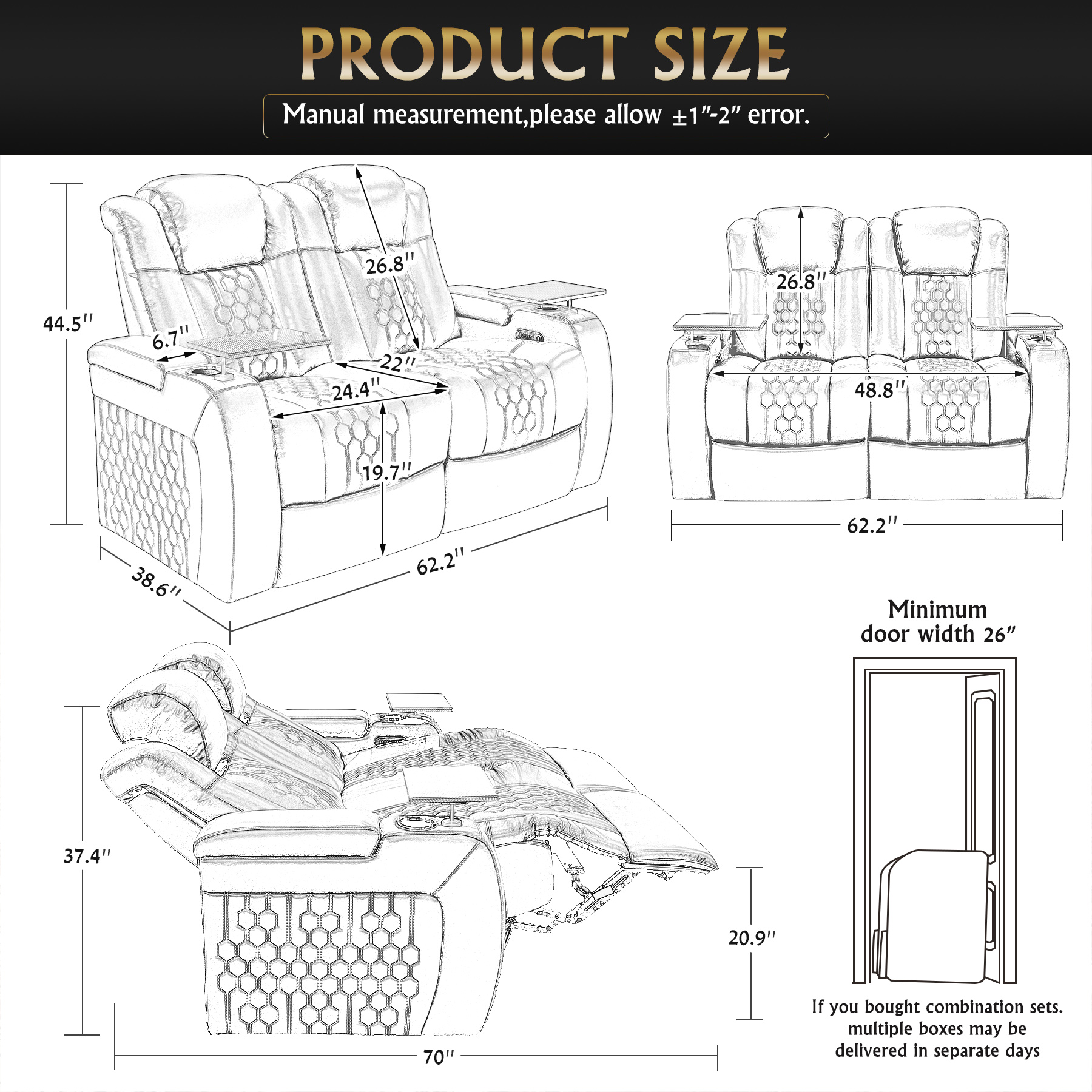 62.2"Power Recliner 2 PC Made WithTop-Grain Nappa,Fully Adjustable Relaxation,Smart Charging,Dynamic RGB LED Lighting,COFFEE - Image 4