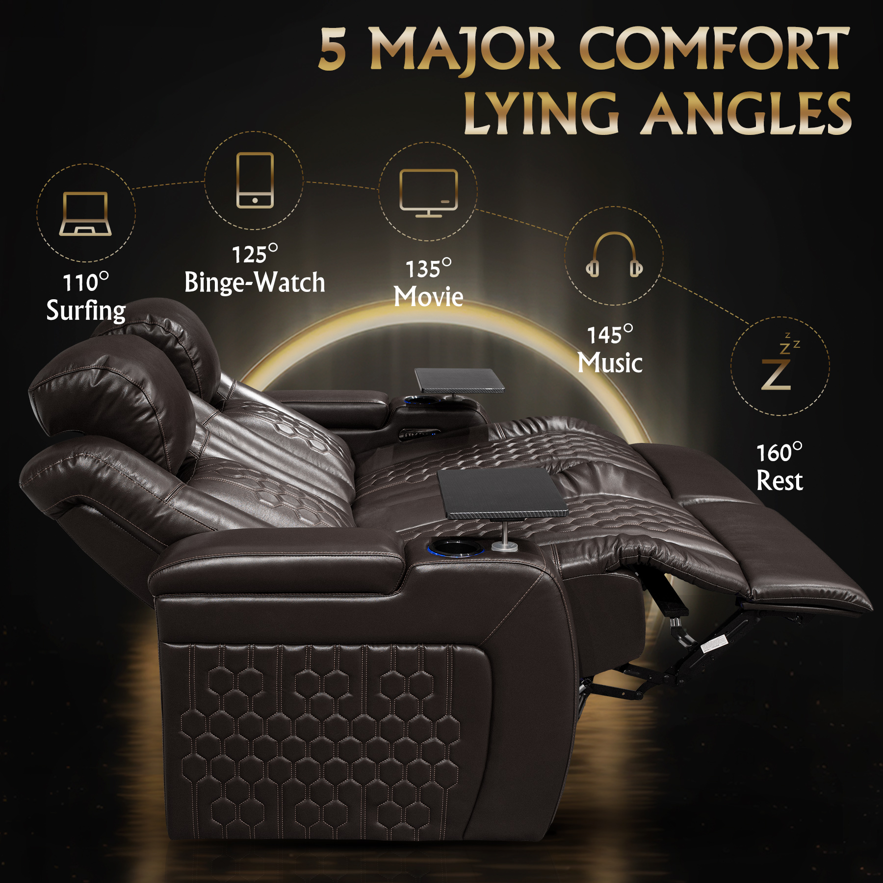 62.2"Power Recliner 2 PC Made WithTop-Grain Nappa,Fully Adjustable Relaxation,Smart Charging,Dynamic RGB LED Lighting,COFFEE - Image 5
