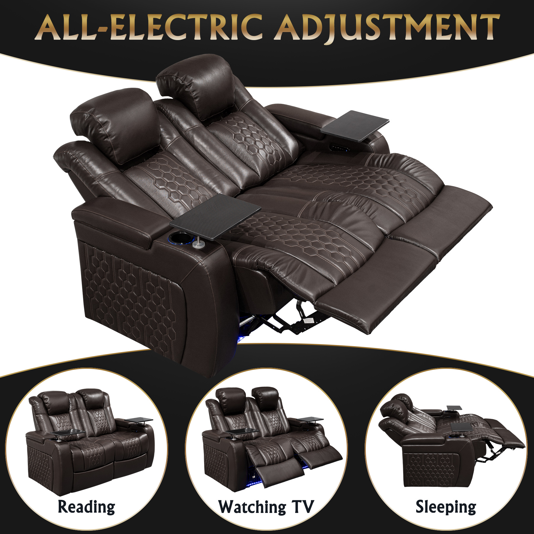 62.2"Power Recliner 2 PC Made WithTop-Grain Nappa,Fully Adjustable Relaxation,Smart Charging,Dynamic RGB LED Lighting,COFFEE - Image 6