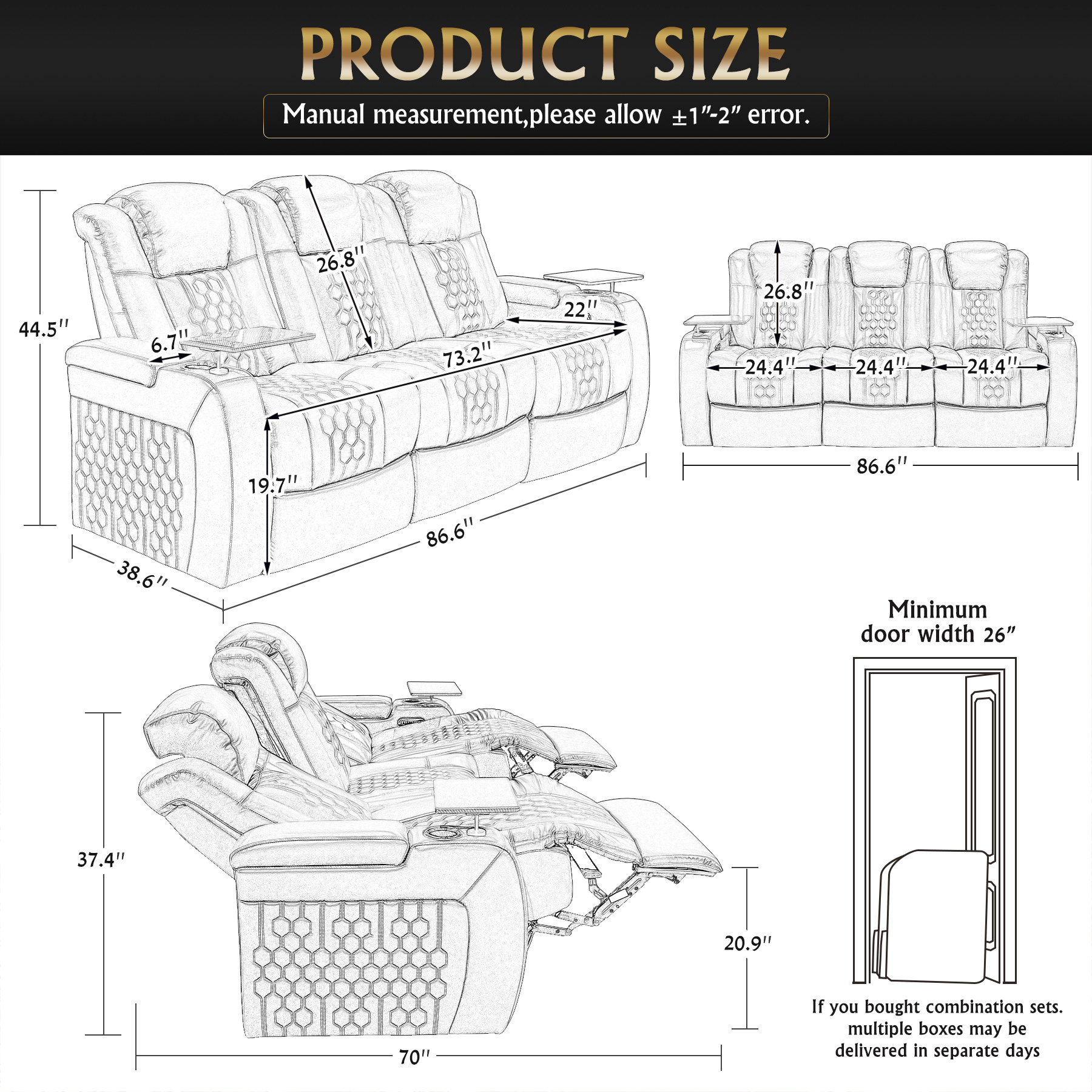 86.6"Power Recliner 3 PC Made WithTop-Grain Nappa,Fully Adjustable Relaxation,Smart Charging,Dynamic RGB LED Lighting,BLACK - Image 3