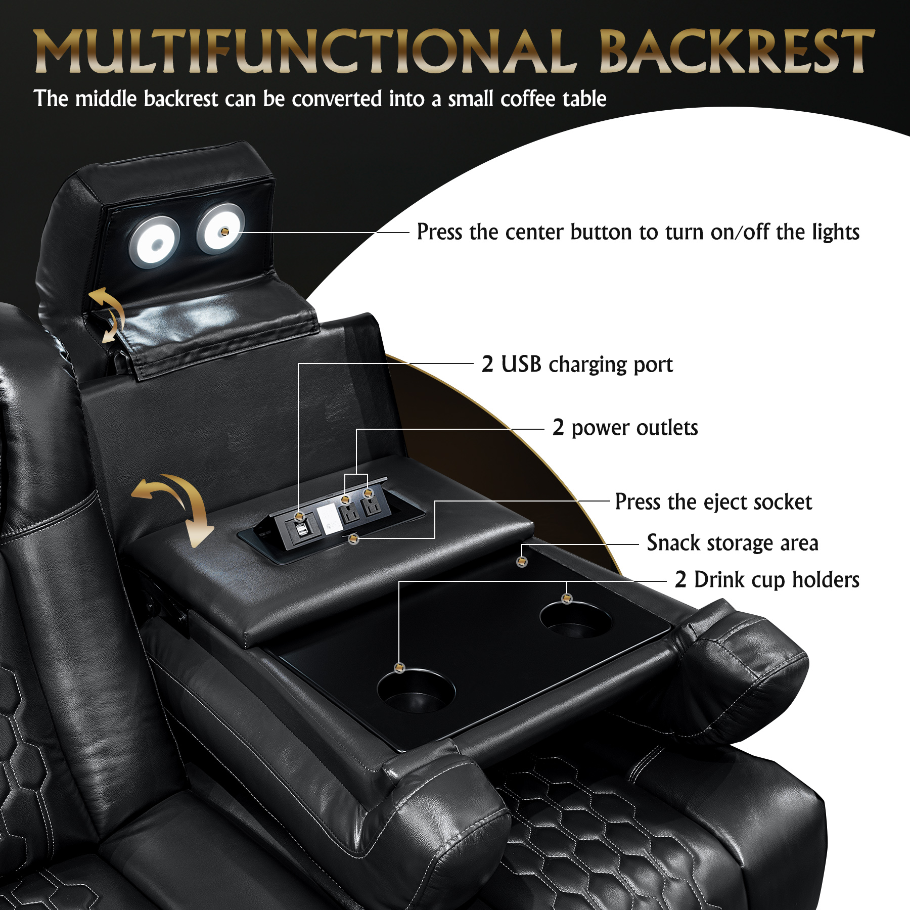 86.6"Power Recliner 3 PC Made WithTop-Grain Nappa,Fully Adjustable Relaxation,Smart Charging,Dynamic RGB LED Lighting,BLACK - Image 4