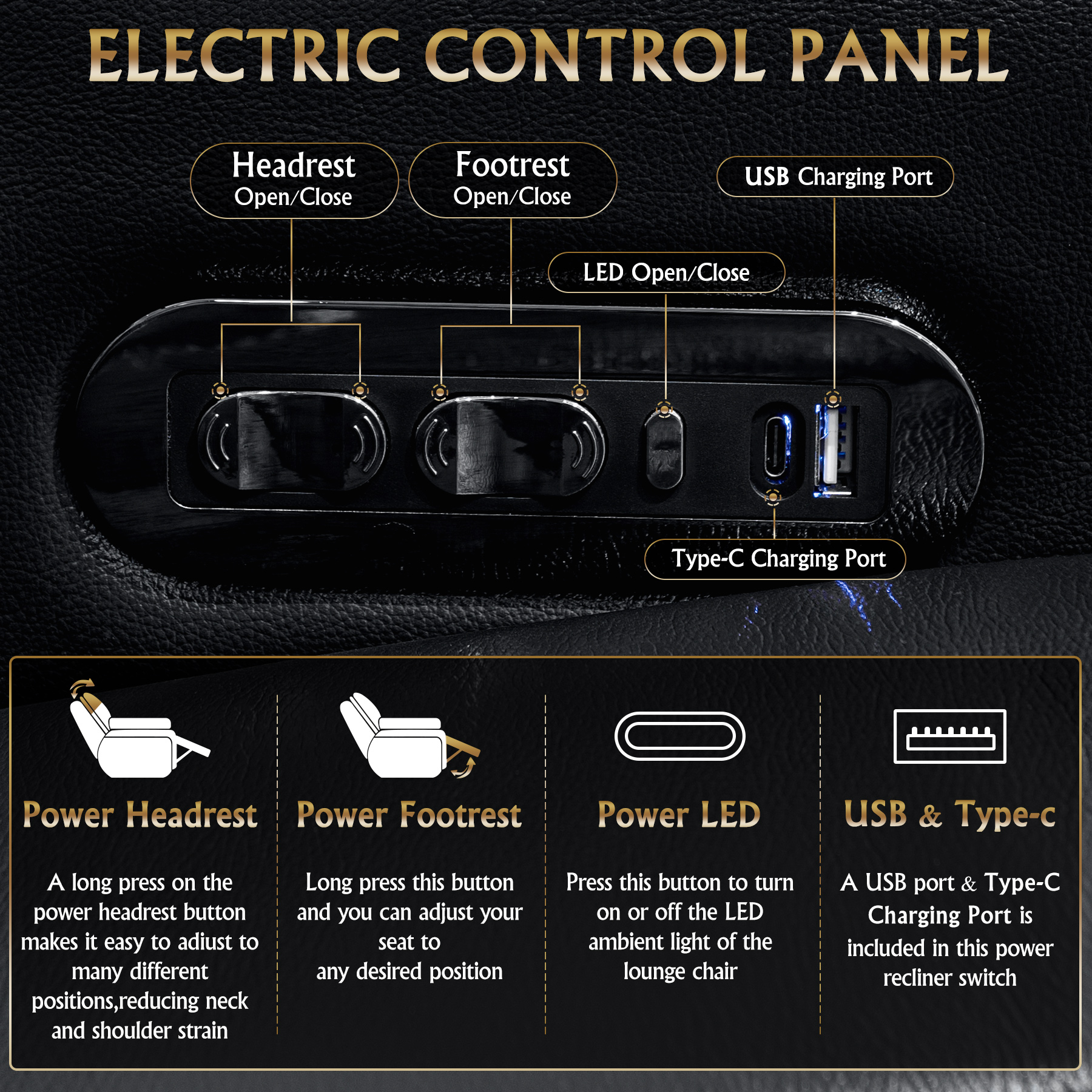 86.6"Power Recliner 3 PC Made WithTop-Grain Nappa,Fully Adjustable Relaxation,Smart Charging,Dynamic RGB LED Lighting,BLACK - Image 5