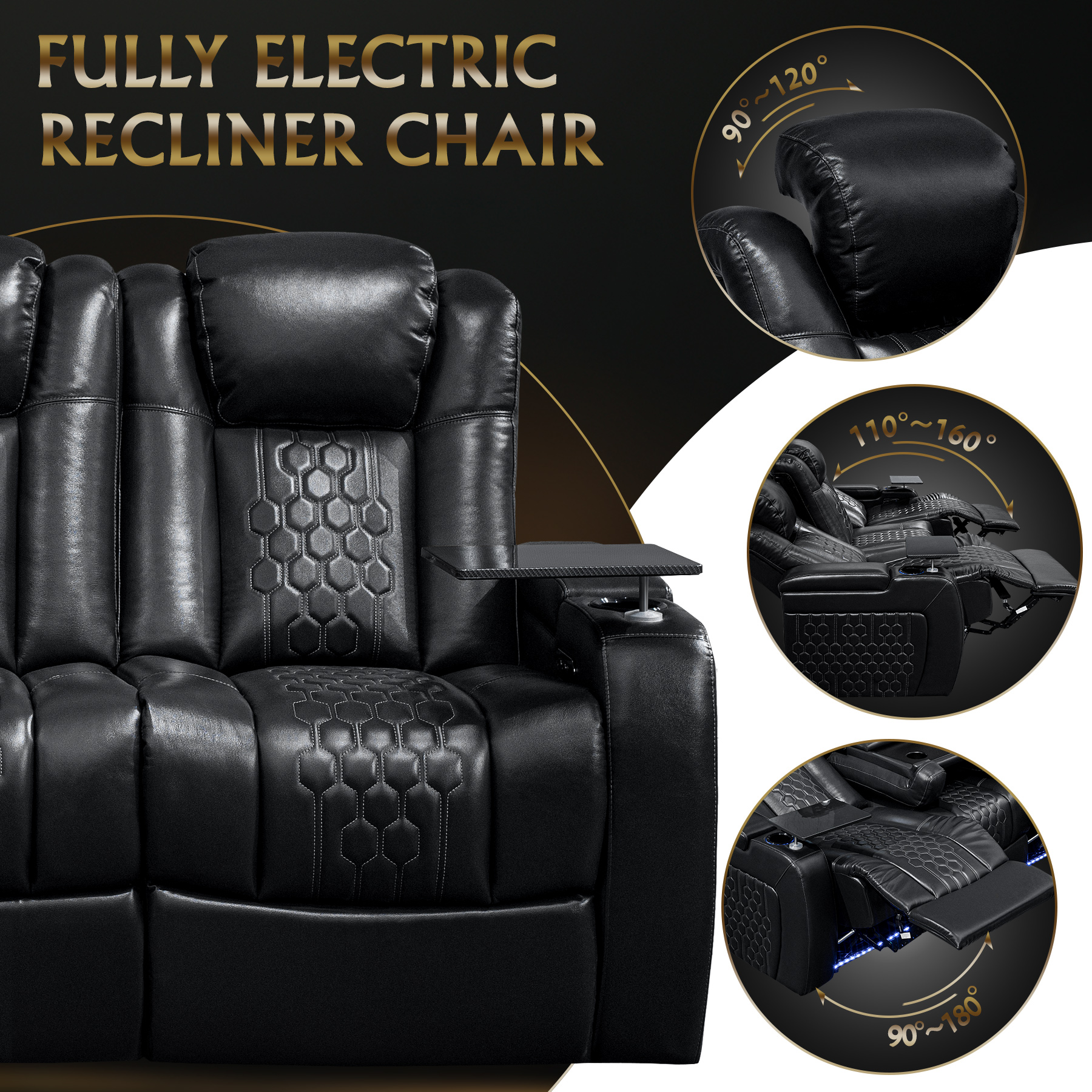 86.6"Power Recliner 3 PC Made WithTop-Grain Nappa,Fully Adjustable Relaxation,Smart Charging,Dynamic RGB LED Lighting,BLACK - Image 6