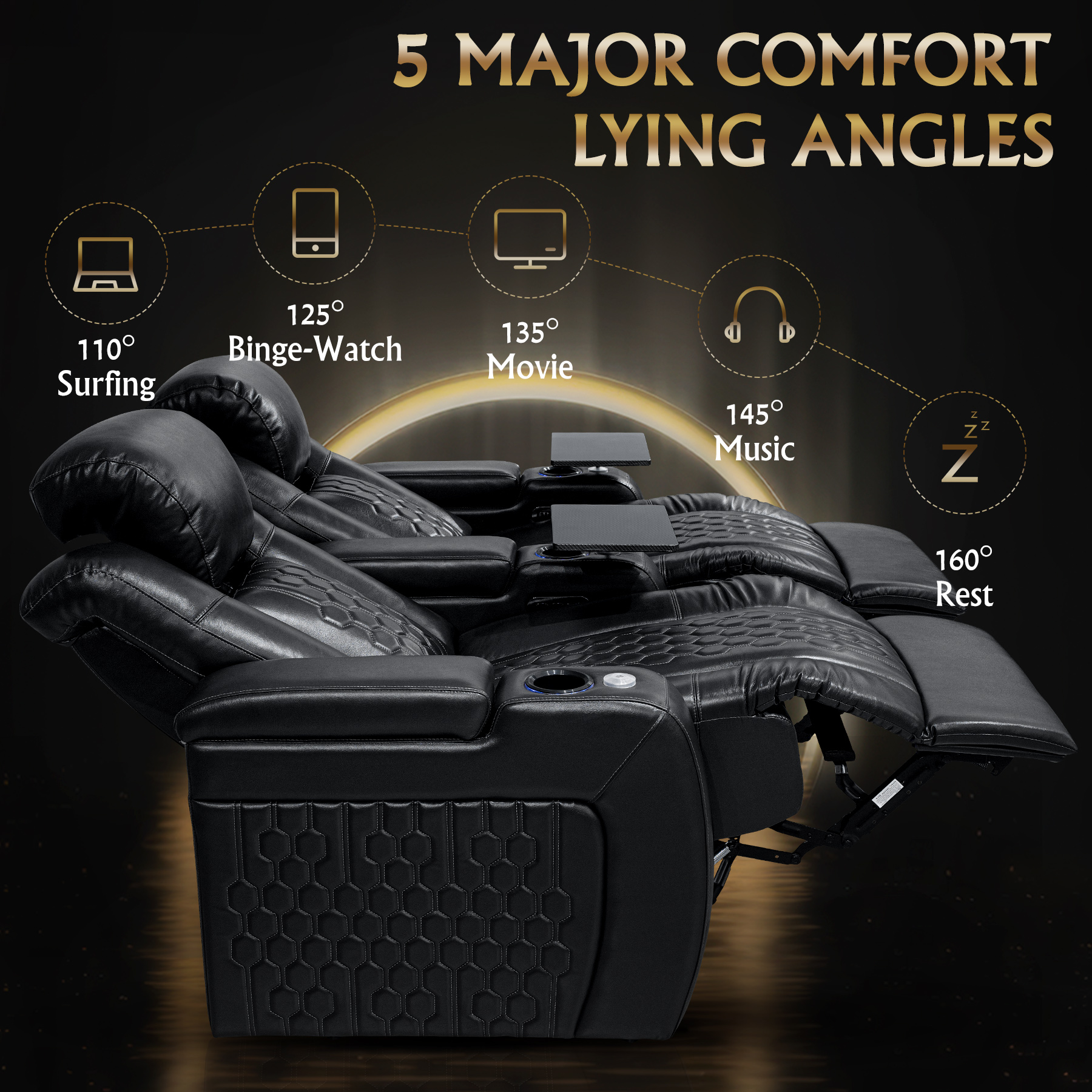 68.9"Power Recliner 2 PC Made WithTop-Grain Nappa,Fully Adjustable Relaxation,Smart Charging,Dynamic RGB LED Lighting,BLACK - Image 4