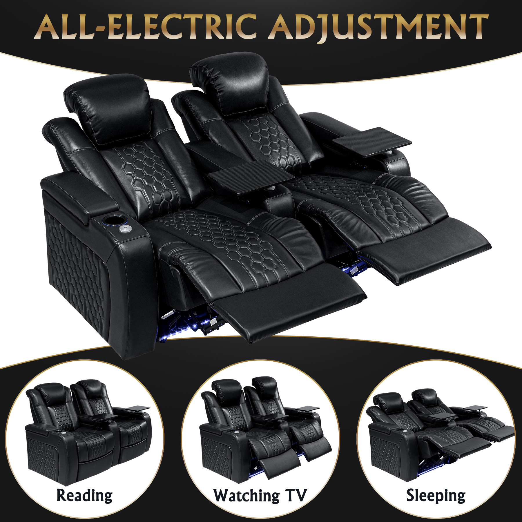 68.9"Power Recliner 2 PC Made WithTop-Grain Nappa,Fully Adjustable Relaxation,Smart Charging,Dynamic RGB LED Lighting,BLACK - Image 5