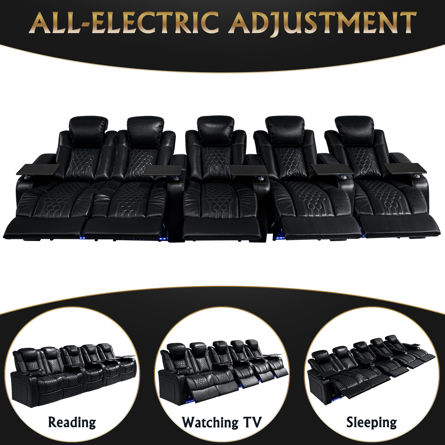 155.5"Power Recliner 5 PC Made WithTop-Grain Nappa,Fully Adjustable Relaxation,Smart Charging,Dynamic RGB LED Lighting,BLACK - Image 4
