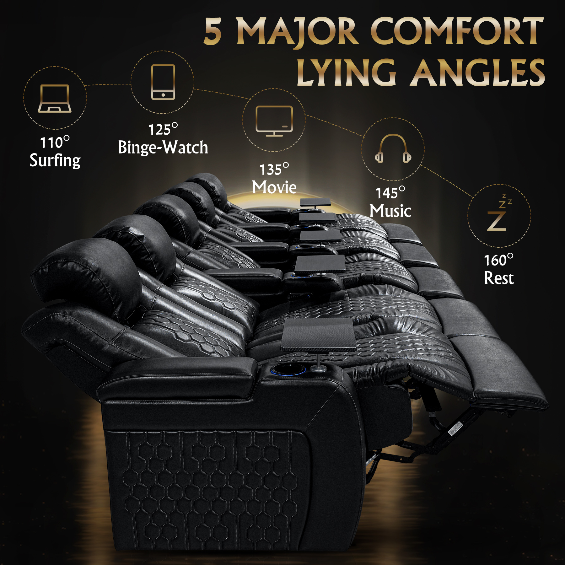155.5"Power Recliner 5 PC Made WithTop-Grain Nappa,Fully Adjustable Relaxation,Smart Charging,Dynamic RGB LED Lighting,BLACK - Image 5