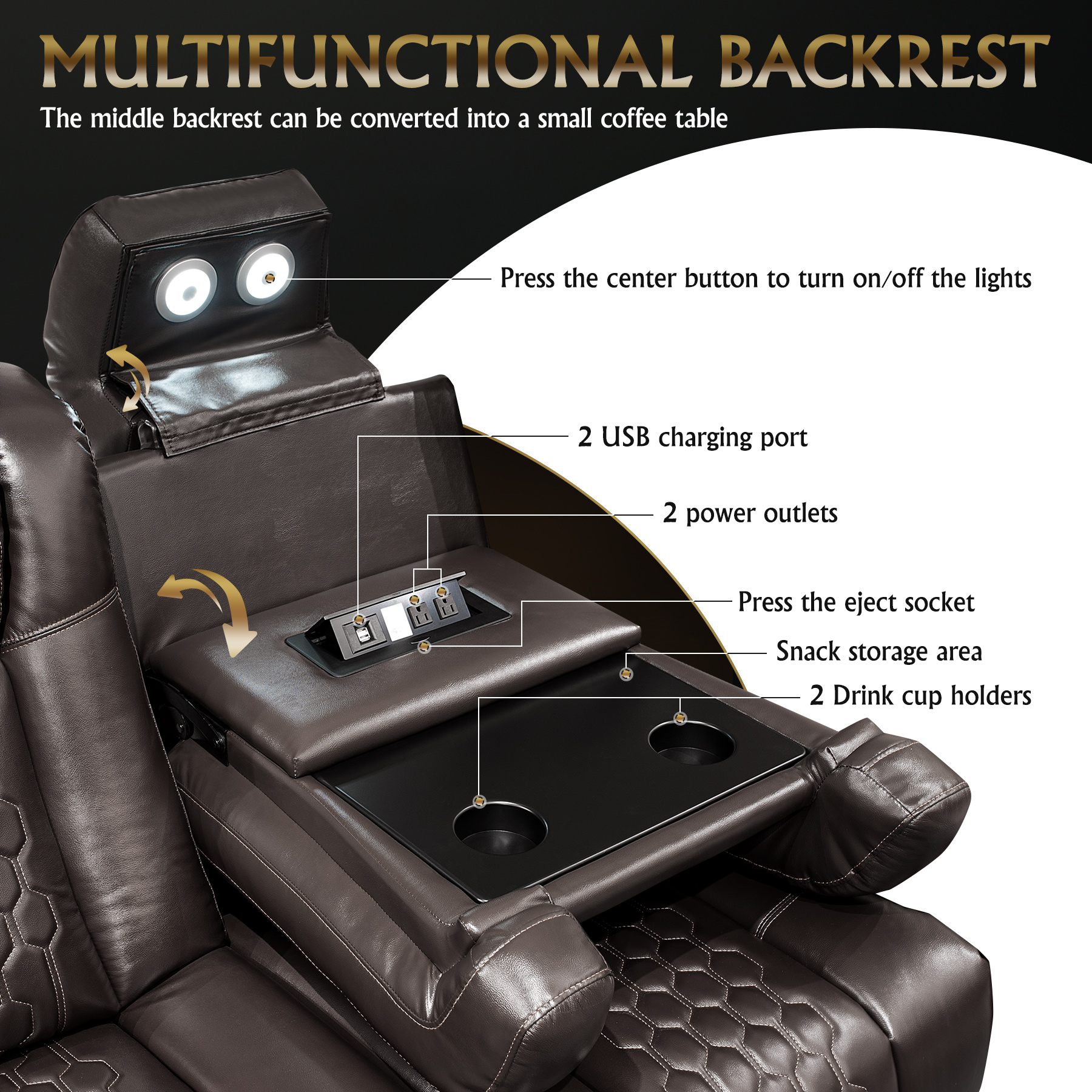 86.6"Power Recliner 3 PC Made WithTop-Grain Nappa,Fully Adjustable Relaxation,Smart Charging,Dynamic RGB LED Lighting,COFFEE - Image 4