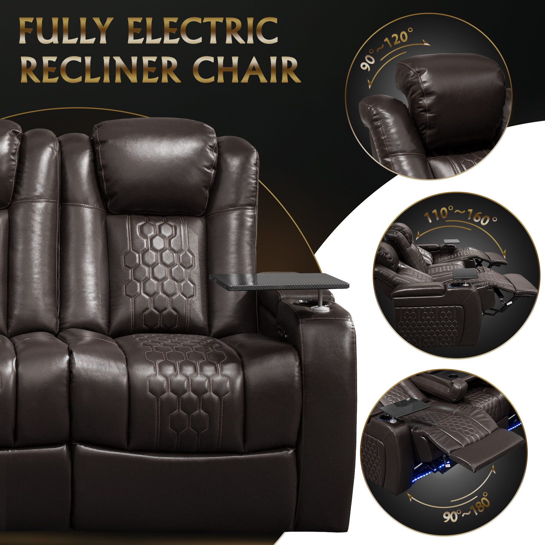 86.6"Power Recliner 3 PC Made WithTop-Grain Nappa,Fully Adjustable Relaxation,Smart Charging,Dynamic RGB LED Lighting,COFFEE - Image 6