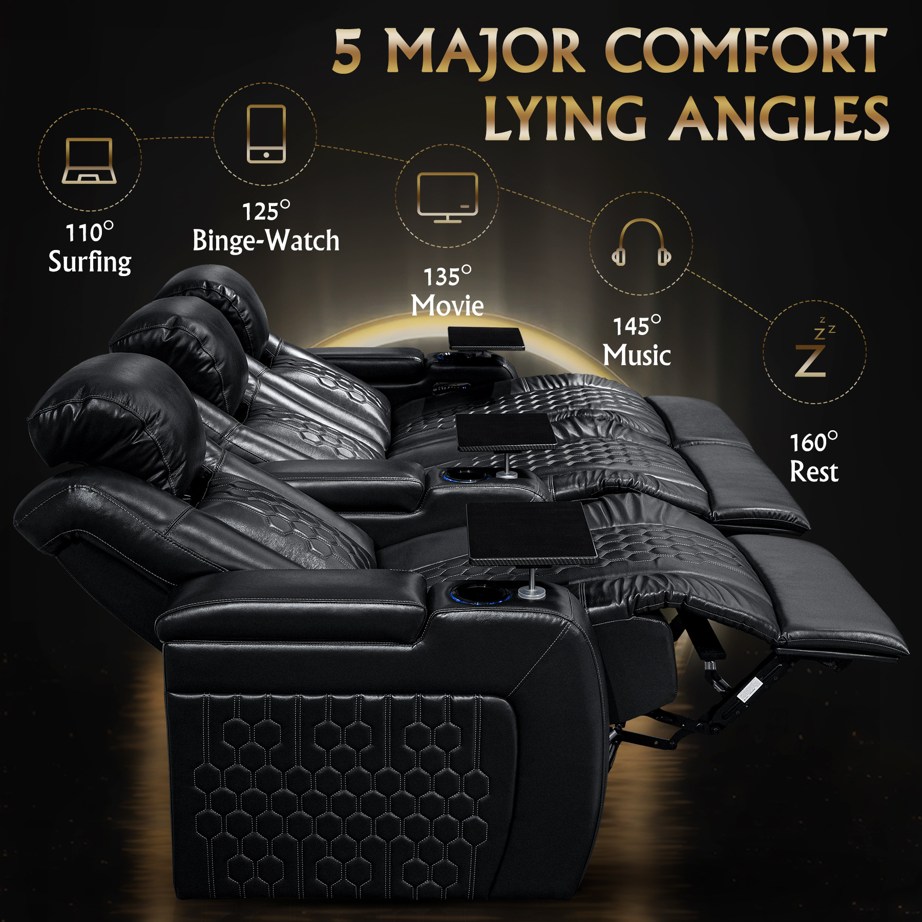 93.3"Power Recliner 3 PC Made WithTop-Grain Nappa,Fully Adjustable Relaxation,Smart Charging,Dynamic RGB LED Lighting,BLACK - Image 6