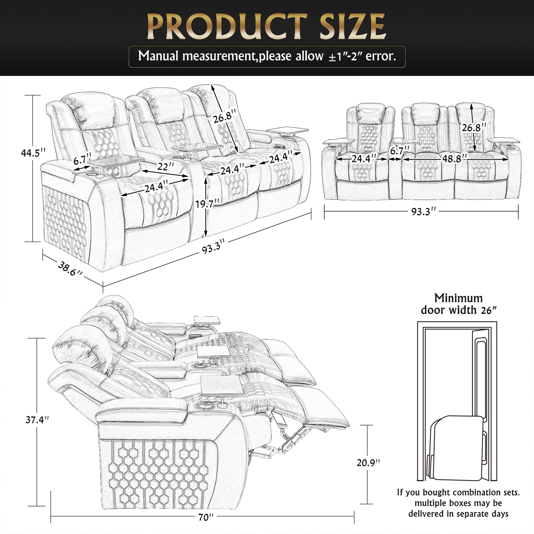93.3"Power Recliner 3 PC Made WithTop-Grain Nappa,Fully Adjustable Relaxation,Smart Charging,Dynamic RGB LED Lighting,COFFEE - Image 4