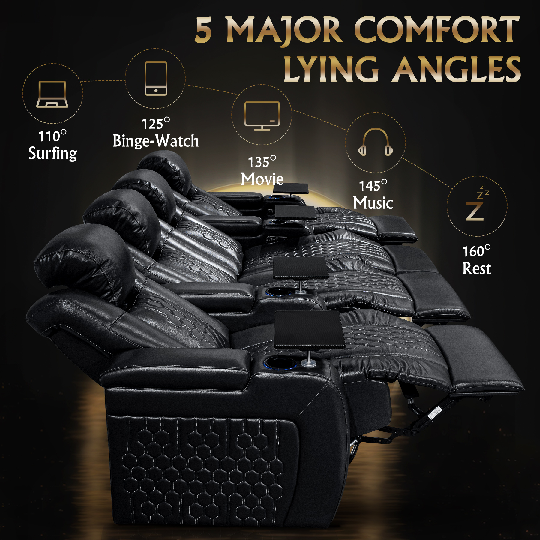 124.4"Power Recliner 4 PC Made WithTop-Grain Nappa,Fully Adjustable Relaxation,Smart Charging,Dynamic RGB LED Lighting,BLACK - Image 5
