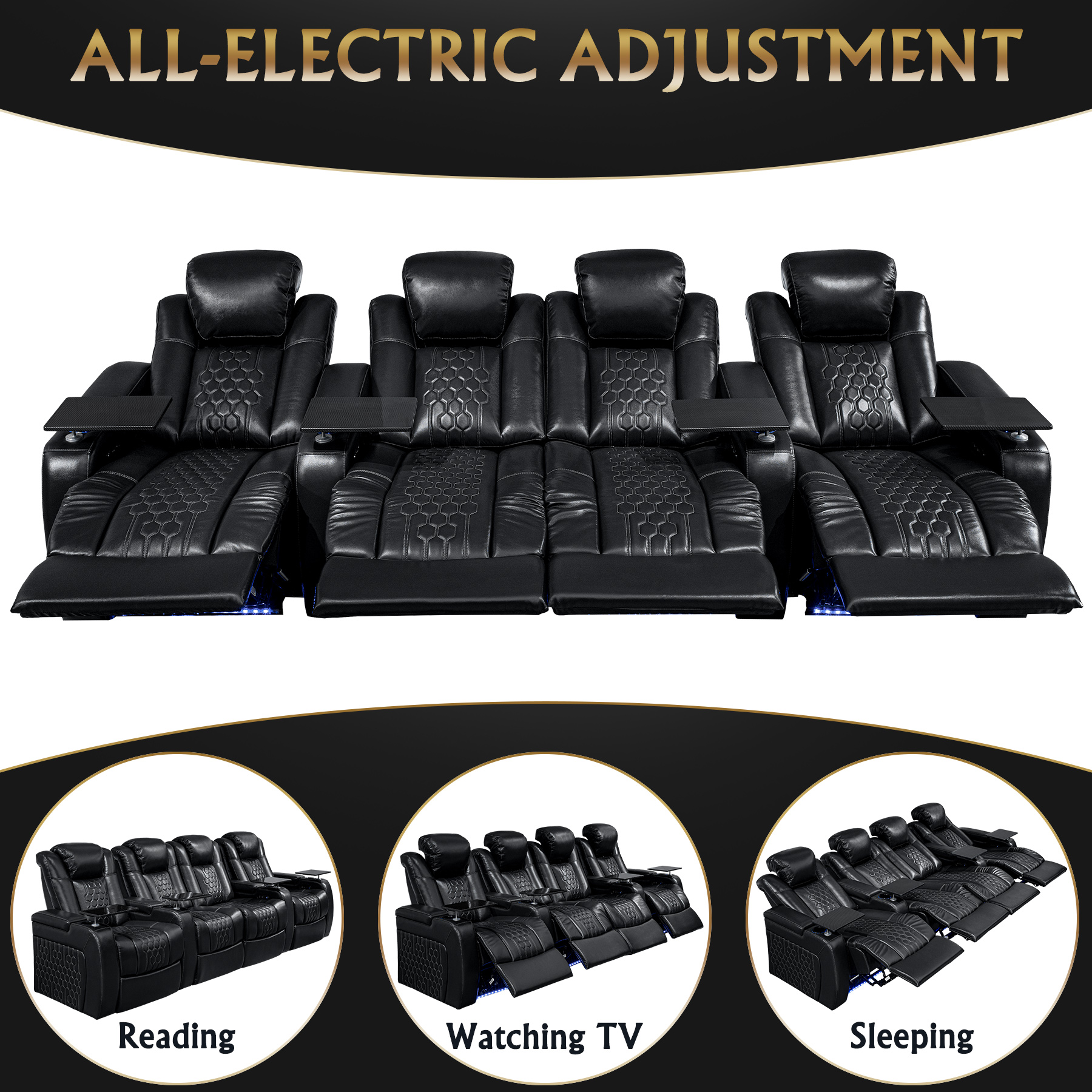 124.4"Power Recliner 4 PC Made WithTop-Grain Nappa,Fully Adjustable Relaxation,Smart Charging,Dynamic RGB LED Lighting,BLACK - Image 6