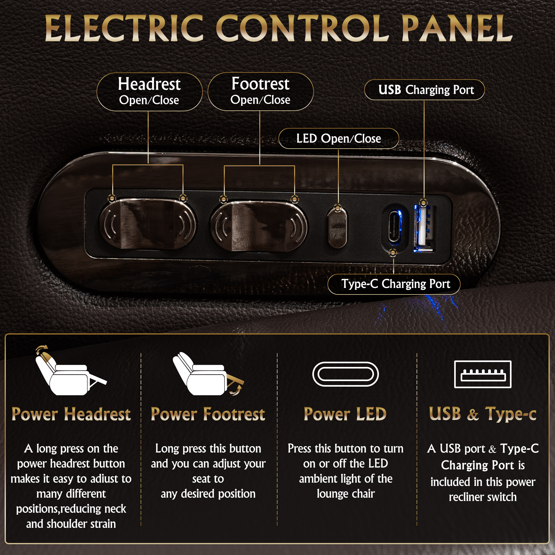 124.4"Power Recliner 4 PC Made WithTop-Grain Nappa,Fully Adjustable Relaxation,Smart Charging,Dynamic RGB LED Lighting,COFFEE - Image 5