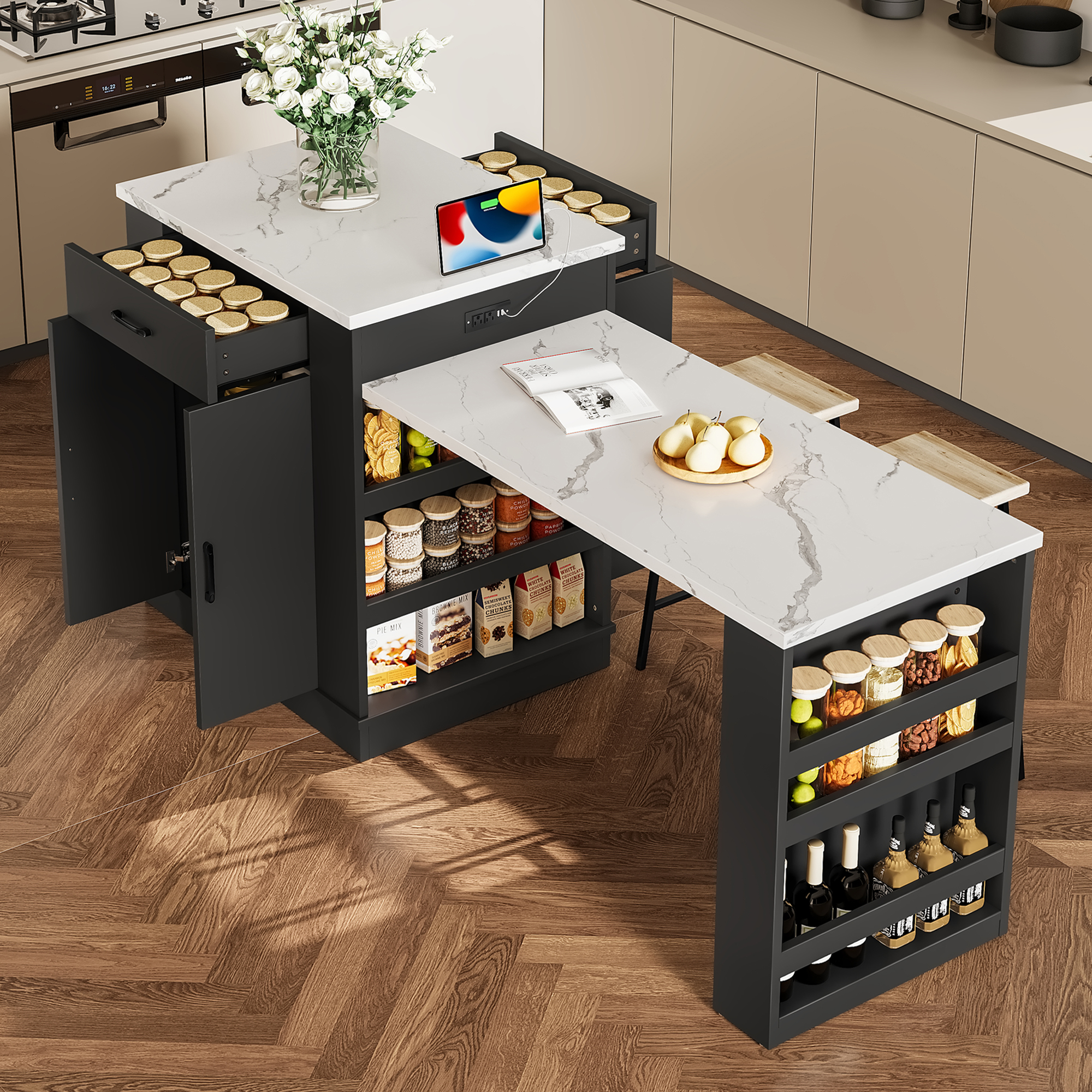 Extendable island console with drawers, double-door cabinet, and open shelving. Serves as dining table, temporary breakfast bar, and afternoon tea lounge,Black - Image 2