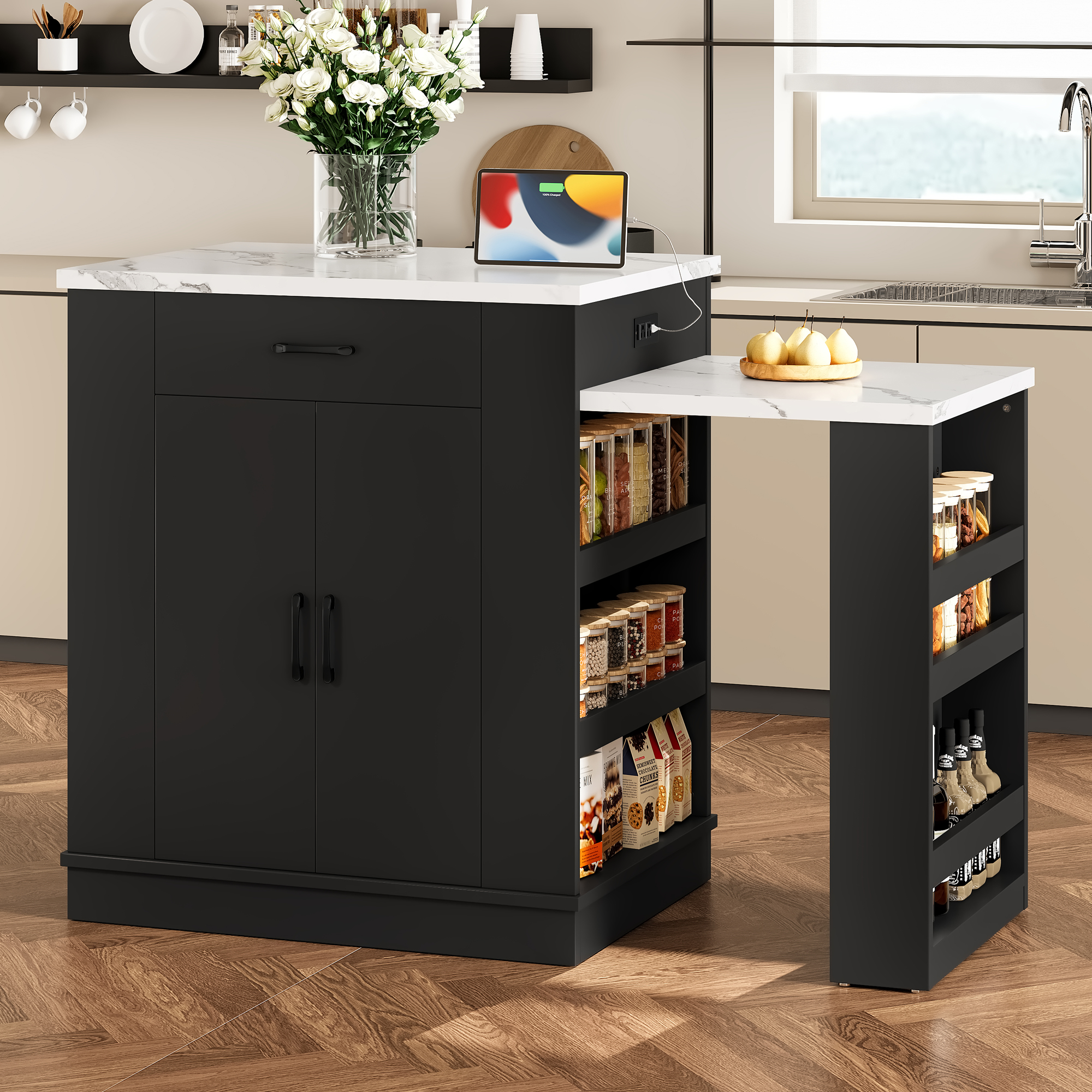 Extendable island console with drawers, double-door cabinet, and open shelving. Serves as dining table, temporary breakfast bar, and afternoon tea lounge,Black - Image 3