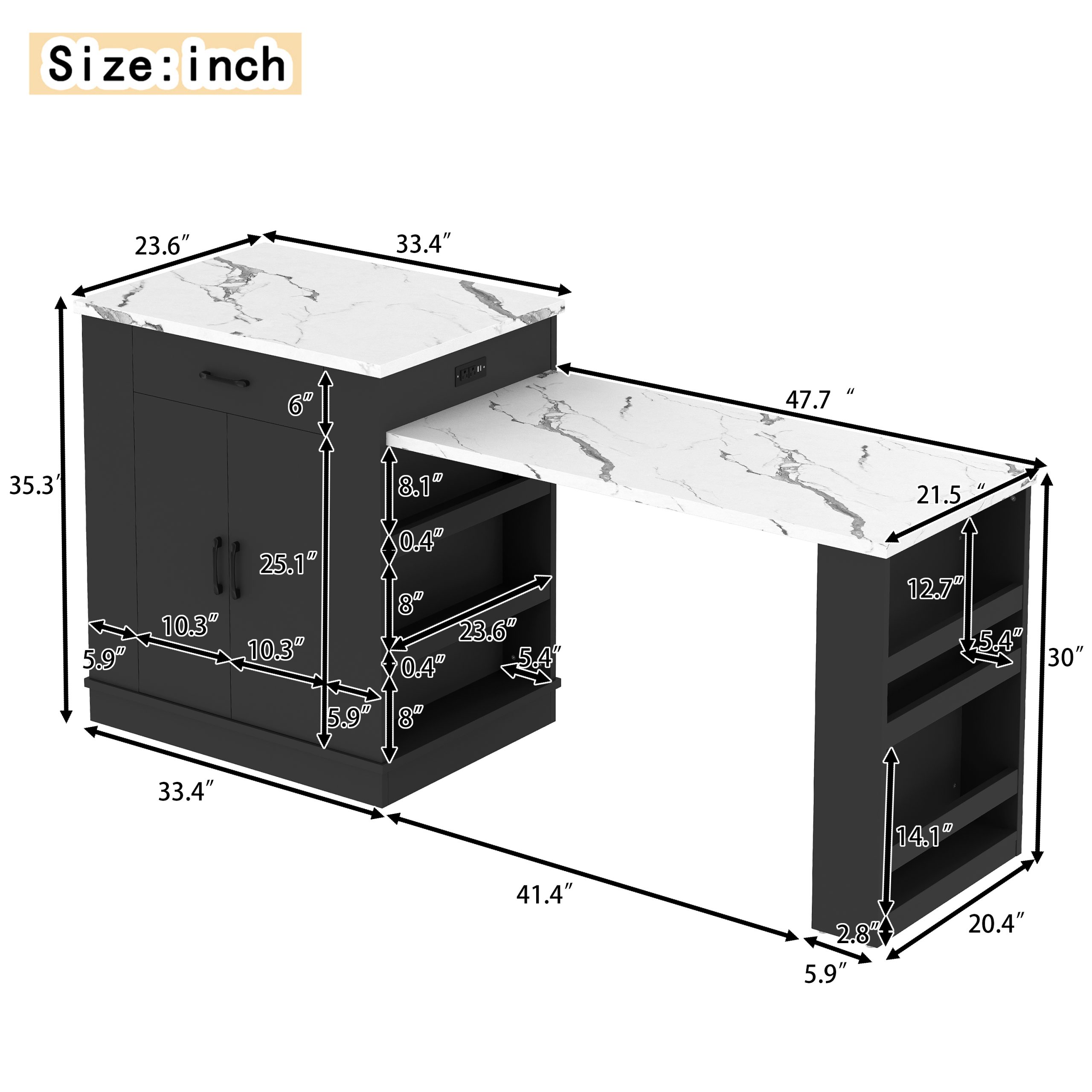 Extendable island console with drawers, double-door cabinet, and open shelving. Serves as dining table, temporary breakfast bar, and afternoon tea lounge,Black - Image 4