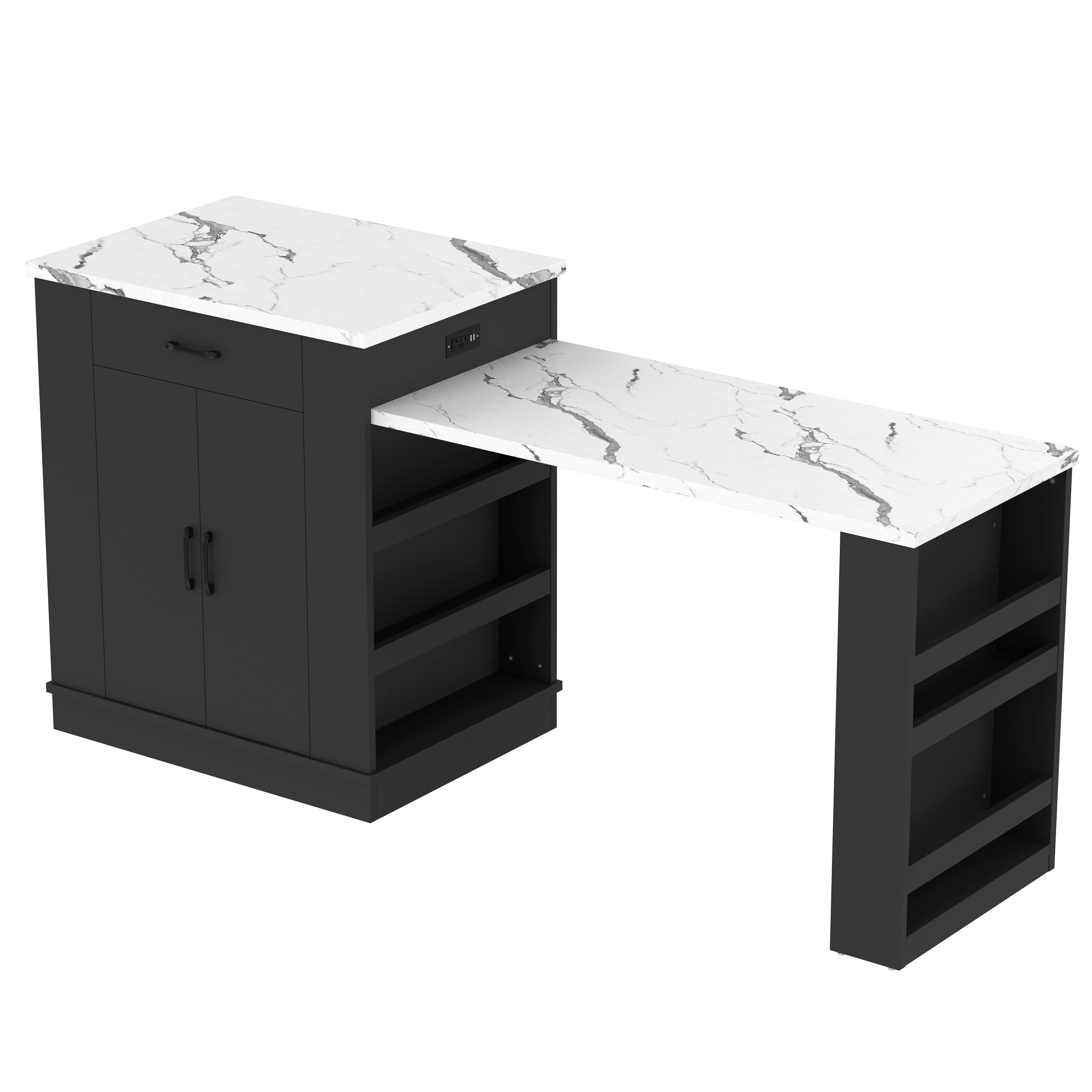 Extendable island console with drawers, double-door cabinet, and open shelving. Serves as dining table, temporary breakfast bar, and afternoon tea lounge,Black - Image 5