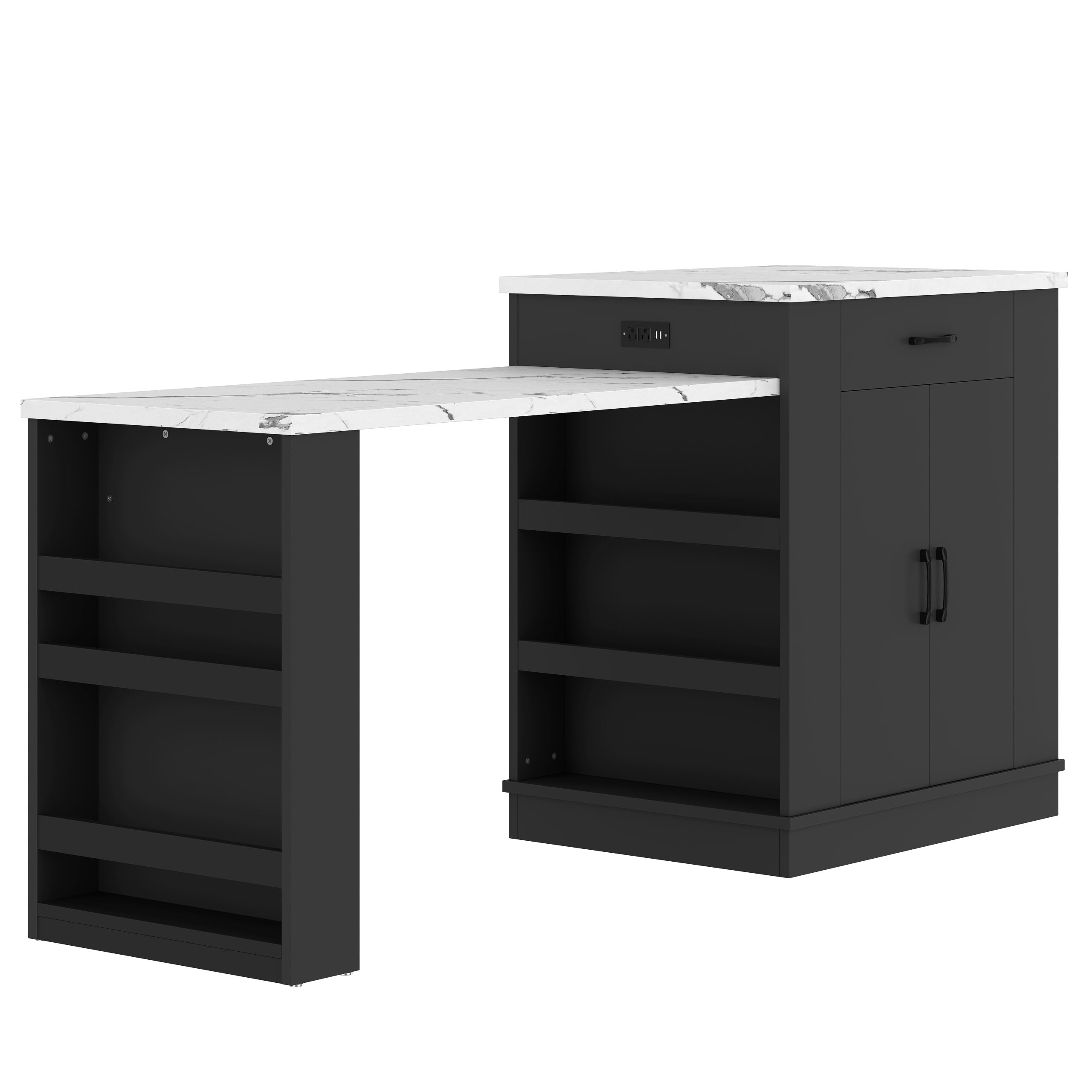 Extendable island console with drawers, double-door cabinet, and open shelving. Serves as dining table, temporary breakfast bar, and afternoon tea lounge,Black - Image 6