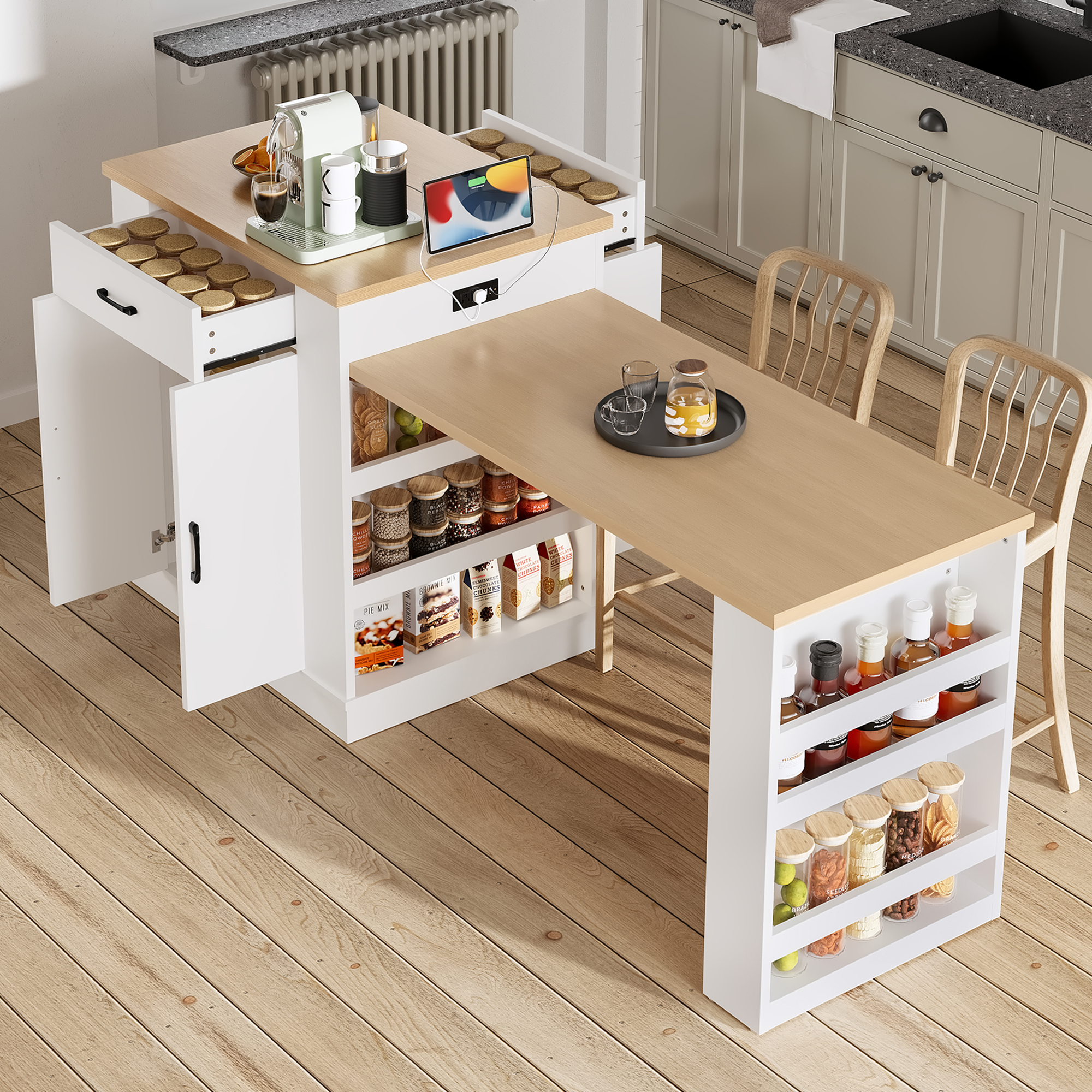 Extendable island console with drawers, double-door cabinet, and open shelving. Serves as dining table, temporary breakfast bar, and afternoon tea lounge,White - Image 2