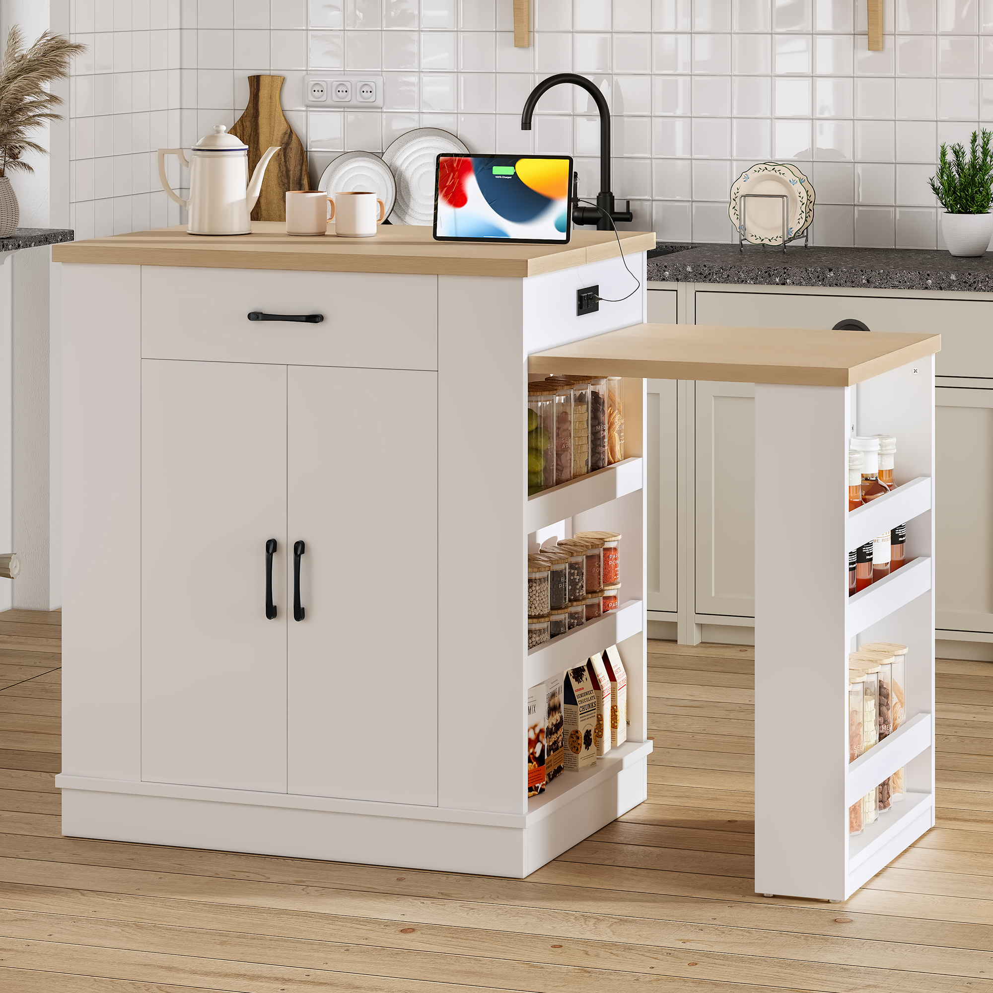 Extendable island console with drawers, double-door cabinet, and open shelving. Serves as dining table, temporary breakfast bar, and afternoon tea lounge,White - Image 3