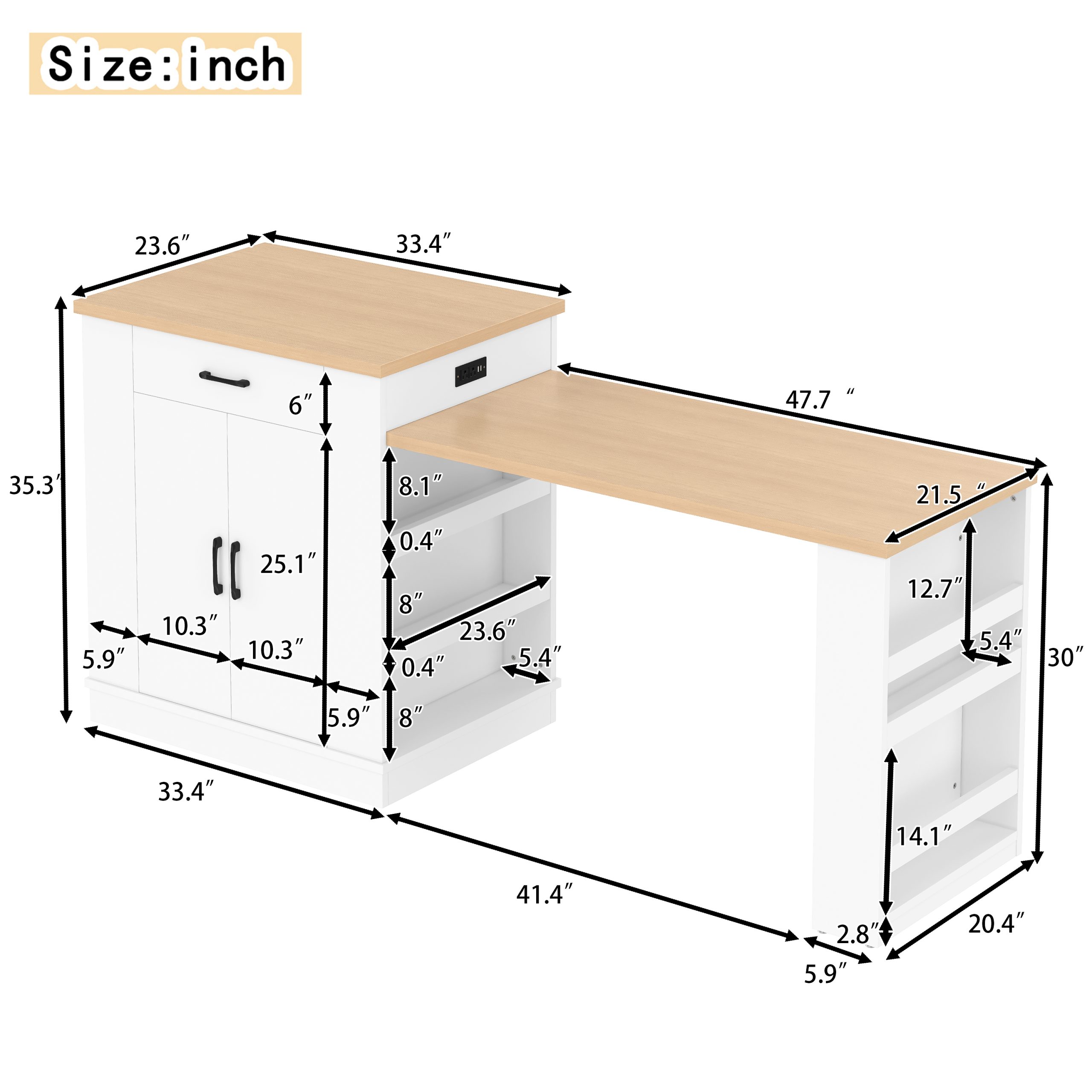 Extendable island console with drawers, double-door cabinet, and open shelving. Serves as dining table, temporary breakfast bar, and afternoon tea lounge,White - Image 4
