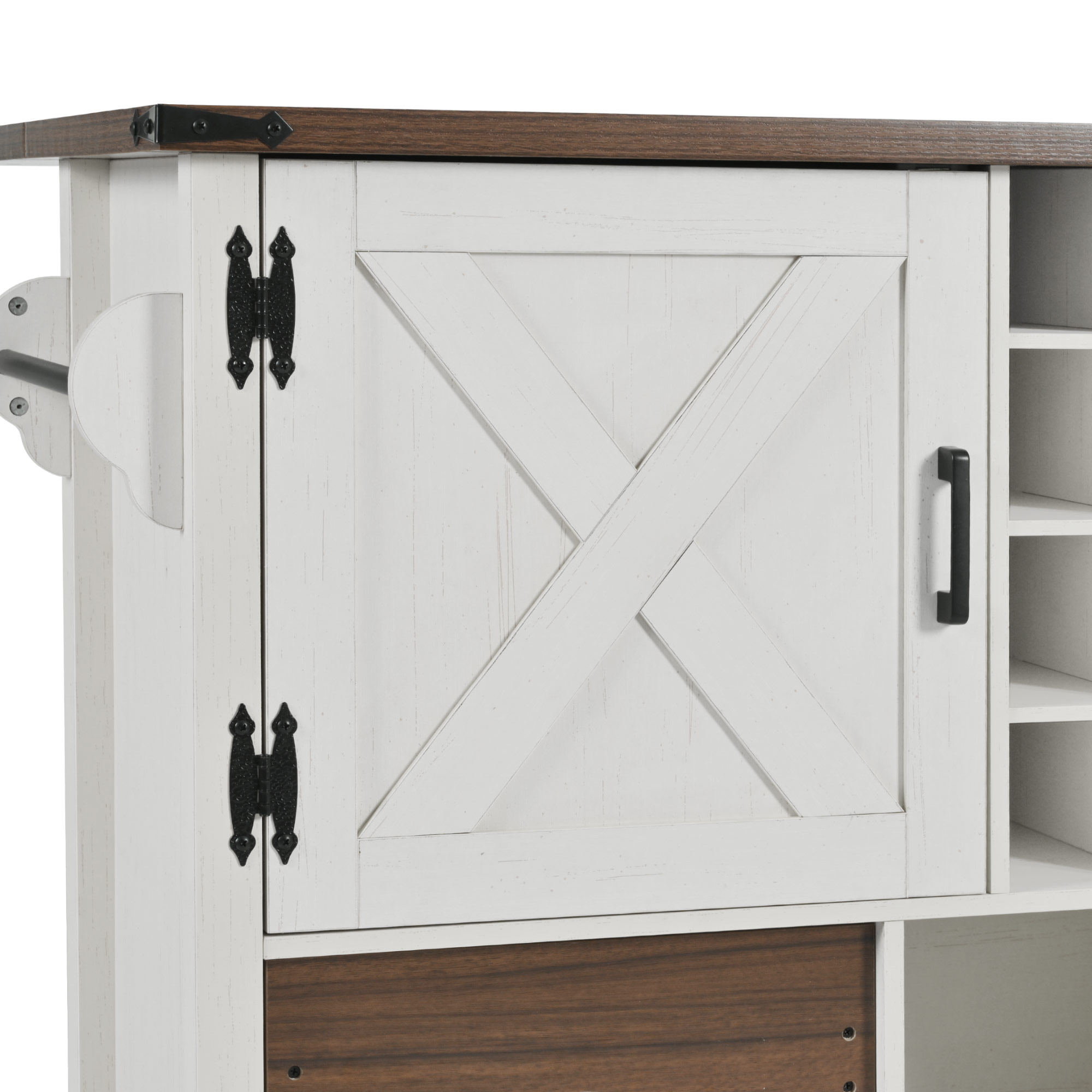 K&K 54" Farmhouse Kitchen Island with Drop Leaf, Power Outlet, Kitchen Storage Cart with 2 Doors, 2 Drawers, Rolling Kitchen Island on 4 Large Wheels with Spice Rack for Kitchen, Dining Room, White - Image 3