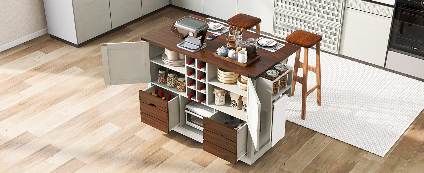 K&K 54" Farmhouse Kitchen Island with Drop Leaf, Power Outlet, Kitchen Storage Cart with 2 Doors, 2 Drawers, Rolling Kitchen Island on 4 Large Wheels with Spice Rack for Kitchen, Dining Room, White - Image 4