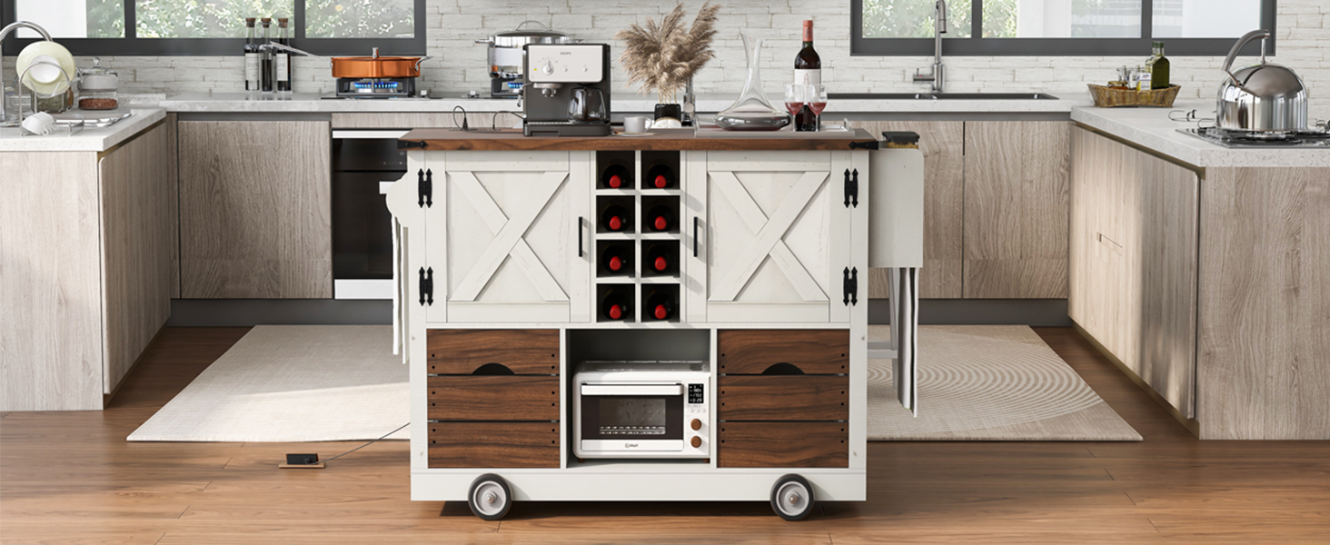 K&K 54" Farmhouse Kitchen Island with Drop Leaf, Power Outlet, Kitchen Storage Cart with 2 Doors, 2 Drawers, Rolling Kitchen Island on 4 Large Wheels with Spice Rack for Kitchen, Dining Room, White - Image 5