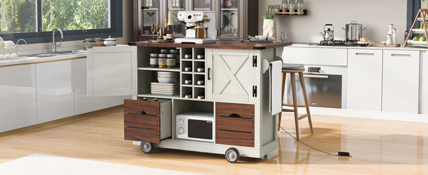 K&K 54" Farmhouse Kitchen Island with Drop Leaf, Power Outlet, Kitchen Storage Cart with 2 Doors, 2 Drawers, Rolling Kitchen Island on 4 Large Wheels with Spice Rack for Kitchen, Dining Room, White - Image 6