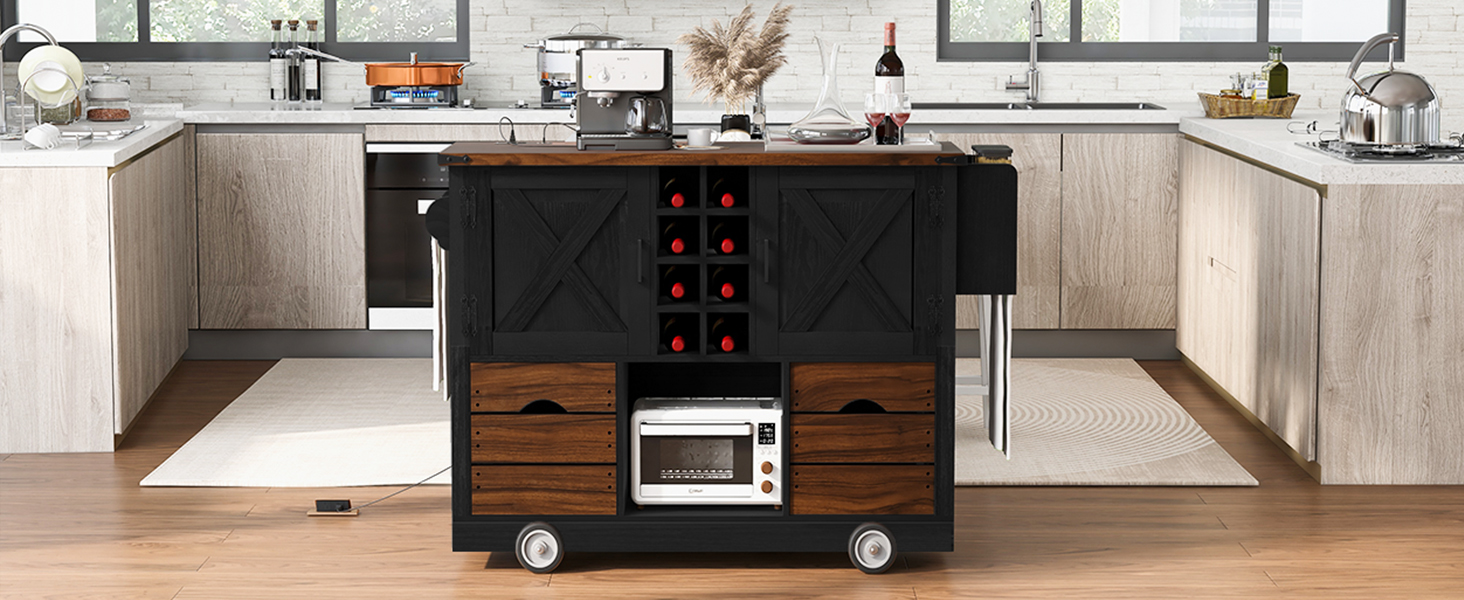 K&K 54" Farmhouse Kitchen Island with Drop Leaf, Power Outlet, Kitchen Storage Cart with 2 Doors, 2 Drawers, Rolling Kitchen Island on 4 Large Wheels with Spice Rack for Kitchen, Dining Room, Black - Image 4