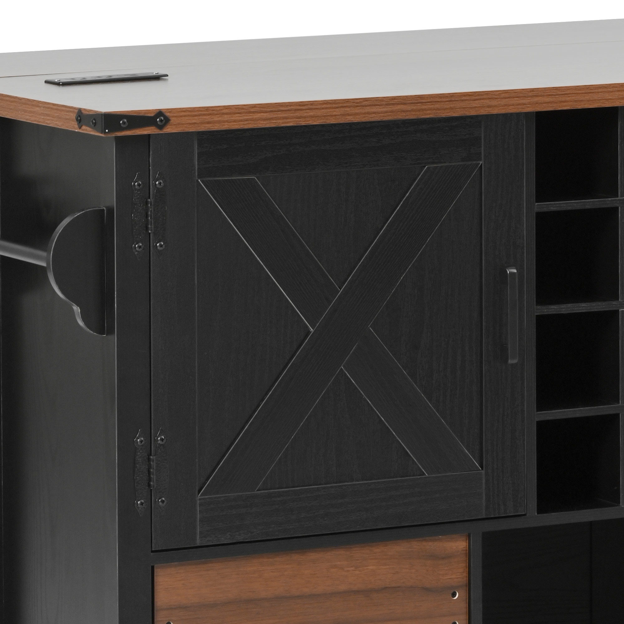 K&K 54" Farmhouse Kitchen Island with Drop Leaf, Power Outlet, Kitchen Storage Cart with 2 Doors, 2 Drawers, Rolling Kitchen Island on 4 Large Wheels with Spice Rack for Kitchen, Dining Room, Black - Image 3