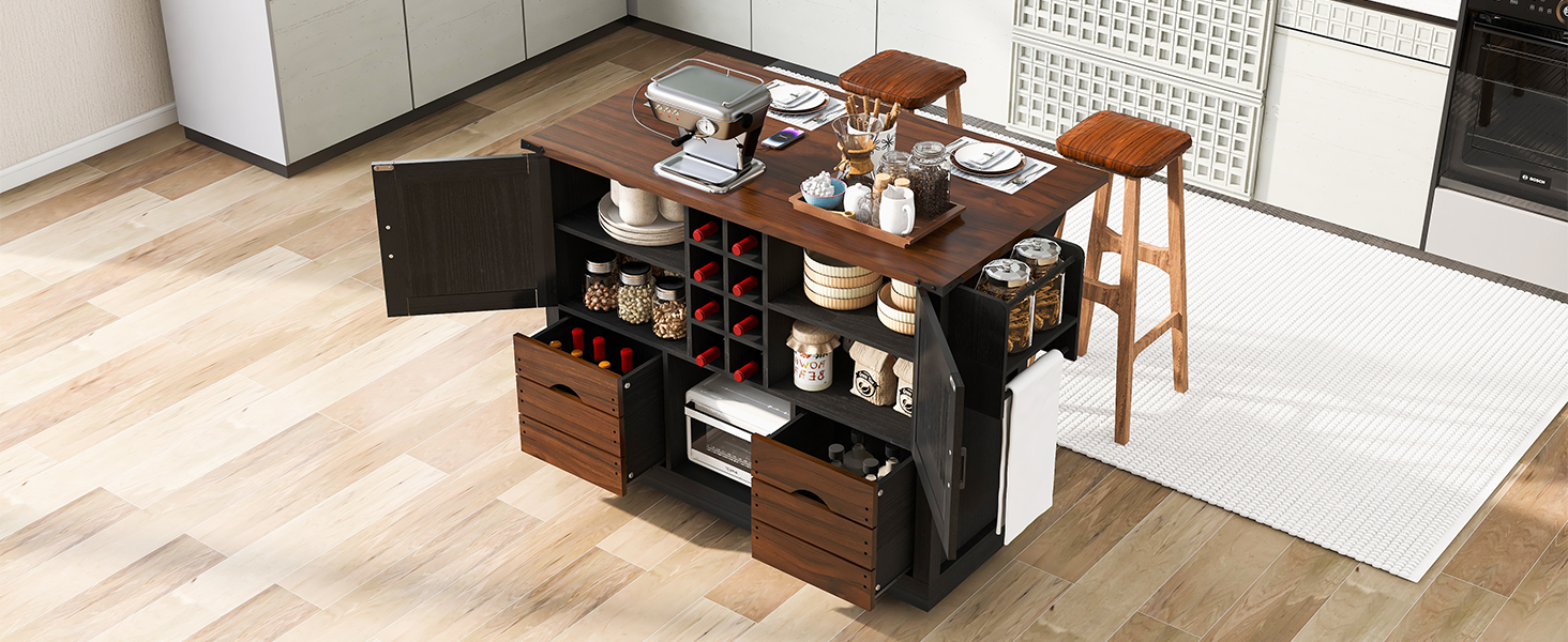K&K 54" Farmhouse Kitchen Island with Drop Leaf, Power Outlet, Kitchen Storage Cart with 2 Doors, 2 Drawers, Rolling Kitchen Island on 4 Large Wheels with Spice Rack for Kitchen, Dining Room, Black - Image 5