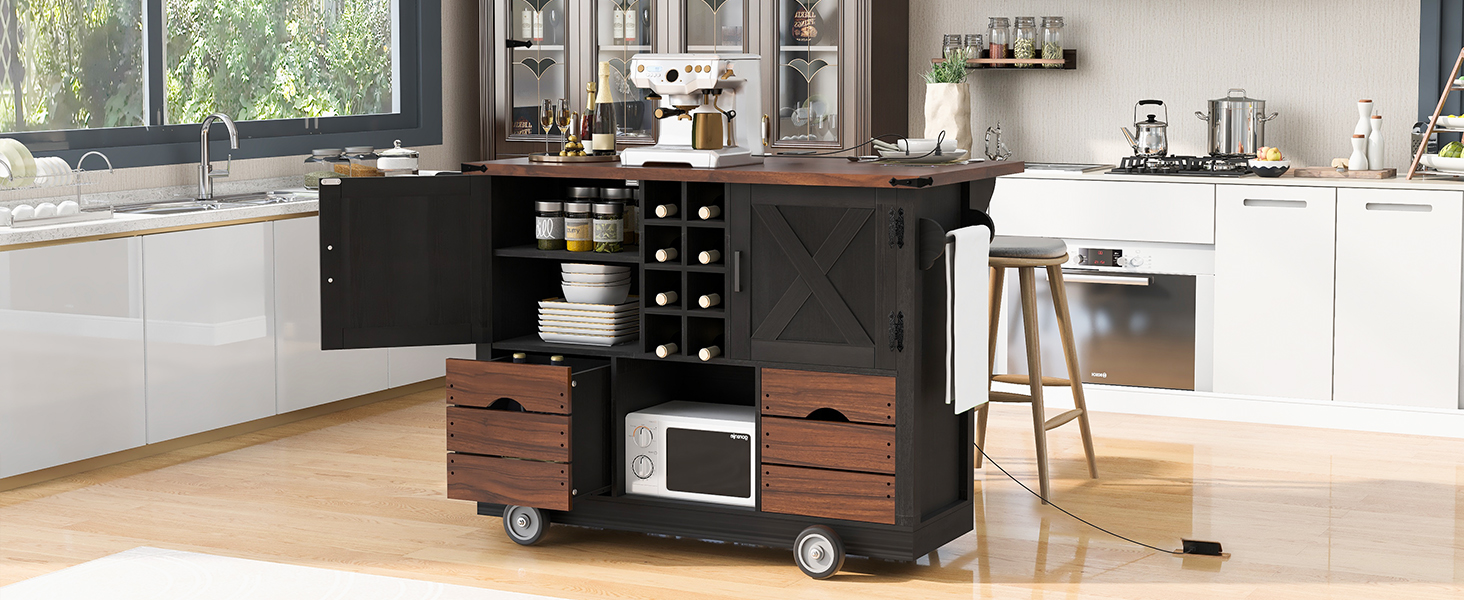 K&K 54" Farmhouse Kitchen Island with Drop Leaf, Power Outlet, Kitchen Storage Cart with 2 Doors, 2 Drawers, Rolling Kitchen Island on 4 Large Wheels with Spice Rack for Kitchen, Dining Room, Black - Image 6