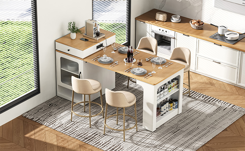 K&K 59.5" Kitchen Island with Extendable Dining Table, Kitchen Storage Table with Double-sided Storage, Kitchen Island with 2 Drawers, Power Outlet, Side Open Shelves, for Kitchen, Dining Room, White - Image 2