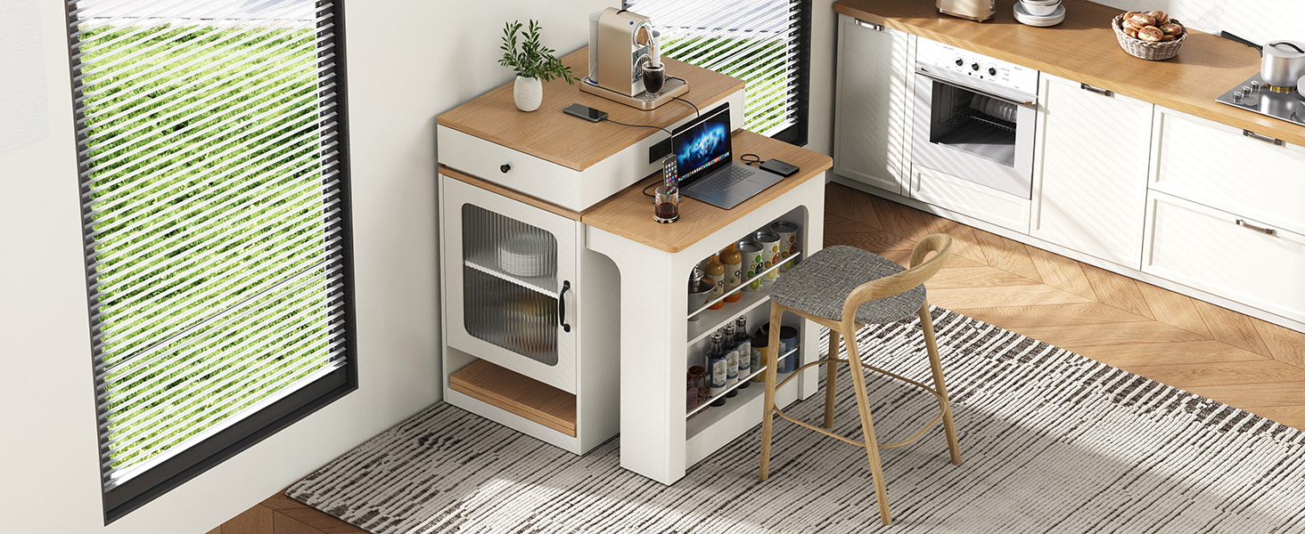 K&K 59.5" Kitchen Island with Extendable Dining Table, Kitchen Storage Table with Double-sided Storage, Kitchen Island with 2 Drawers, Power Outlet, Side Open Shelves, for Kitchen, Dining Room, White - Image 3