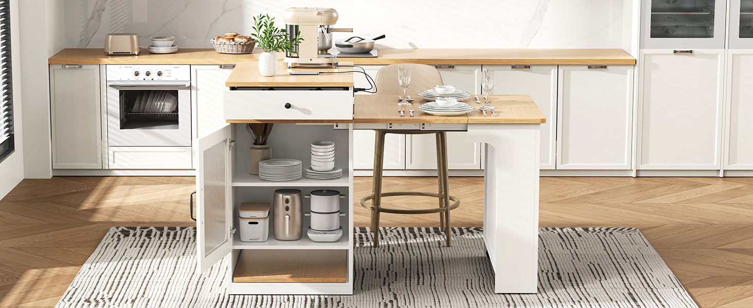 K&K 59.5" Kitchen Island with Extendable Dining Table, Kitchen Storage Table with Double-sided Storage, Kitchen Island with 2 Drawers, Power Outlet, Side Open Shelves, for Kitchen, Dining Room, White - Image 4