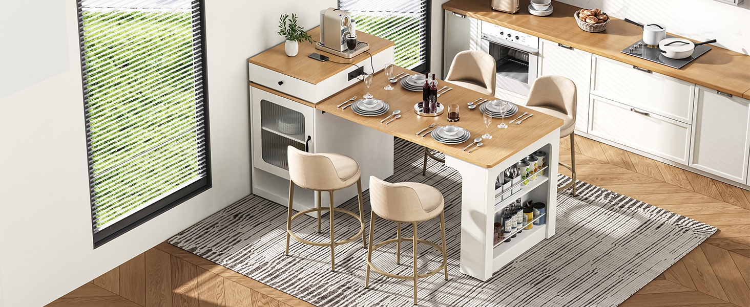 K&K 59.5" Kitchen Island with Extendable Dining Table, Kitchen Storage Table with Double-sided Storage, Kitchen Island with 2 Drawers, Power Outlet, Side Open Shelves, for Kitchen, Dining Room, White - Image 5