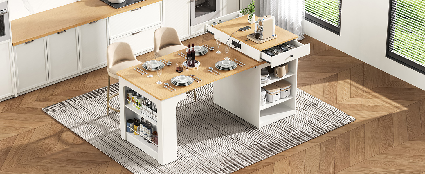 K&K 59.5" Kitchen Island with Extendable Dining Table, Kitchen Storage Table with Double-sided Storage, Kitchen Island with 2 Drawers, Power Outlet, Side Open Shelves, for Kitchen, Dining Room, White - Image 6