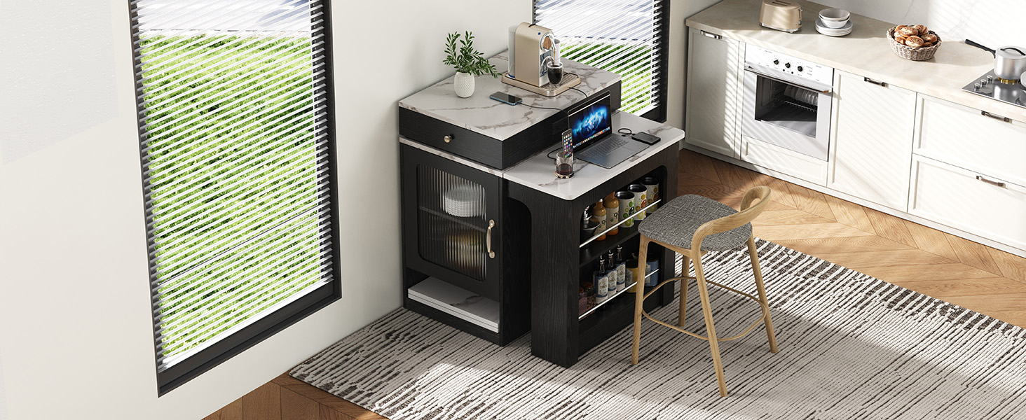 K&K 59.5" Kitchen Island with Extendable Dining Table, Kitchen Storage Table with Double-sided Storage, Kitchen Island with 2 Drawers, Power Outlet, Side Open Shelves, for Kitchen, Dining Room, Black - Image 2