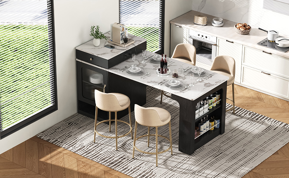 K&K 59.5" Kitchen Island with Extendable Dining Table, Kitchen Storage Table with Double-sided Storage, Kitchen Island with 2 Drawers, Power Outlet, Side Open Shelves, for Kitchen, Dining Room, Black - Image 3