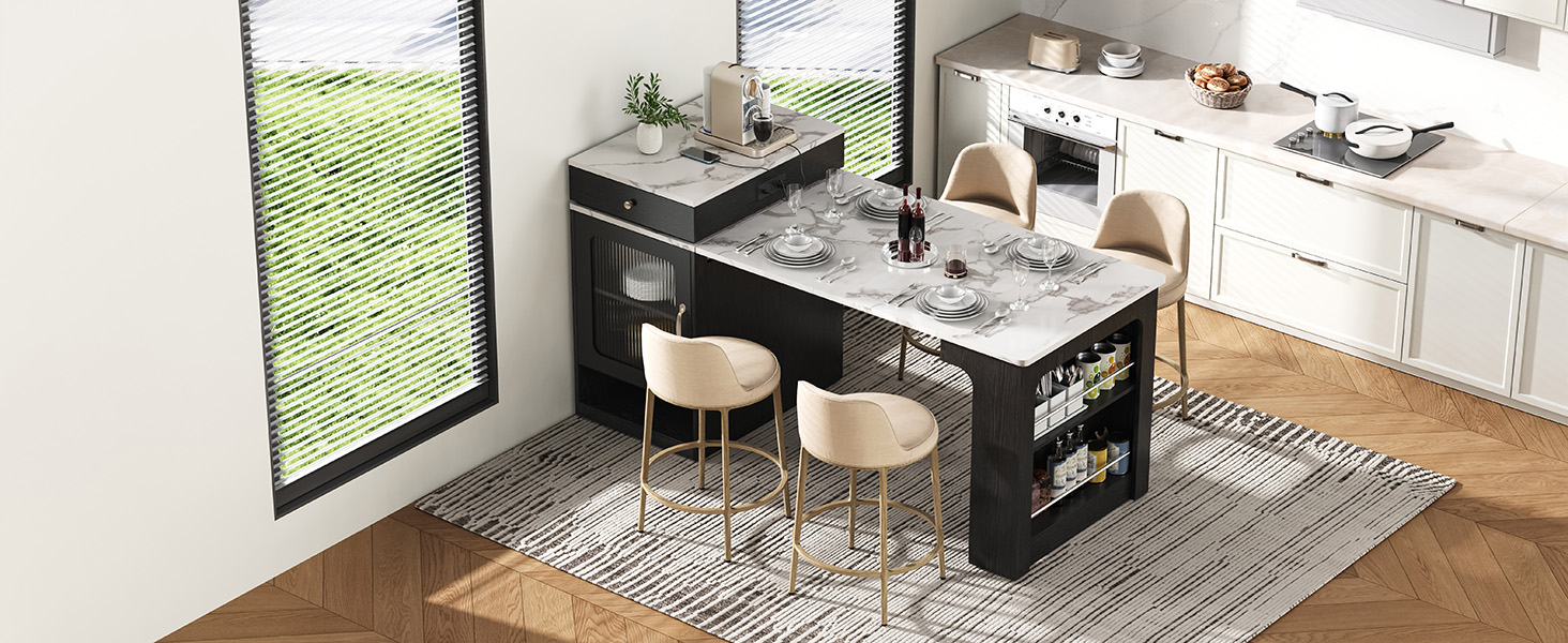 K&K 59.5" Kitchen Island with Extendable Dining Table, Kitchen Storage Table with Double-sided Storage, Kitchen Island with 2 Drawers, Power Outlet, Side Open Shelves, for Kitchen, Dining Room, Black - Image 4
