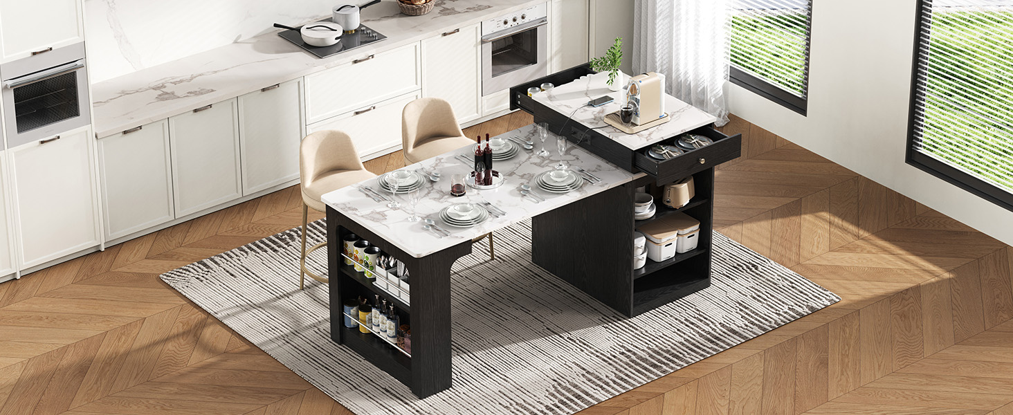 K&K 59.5" Kitchen Island with Extendable Dining Table, Kitchen Storage Table with Double-sided Storage, Kitchen Island with 2 Drawers, Power Outlet, Side Open Shelves, for Kitchen, Dining Room, Black - Image 5