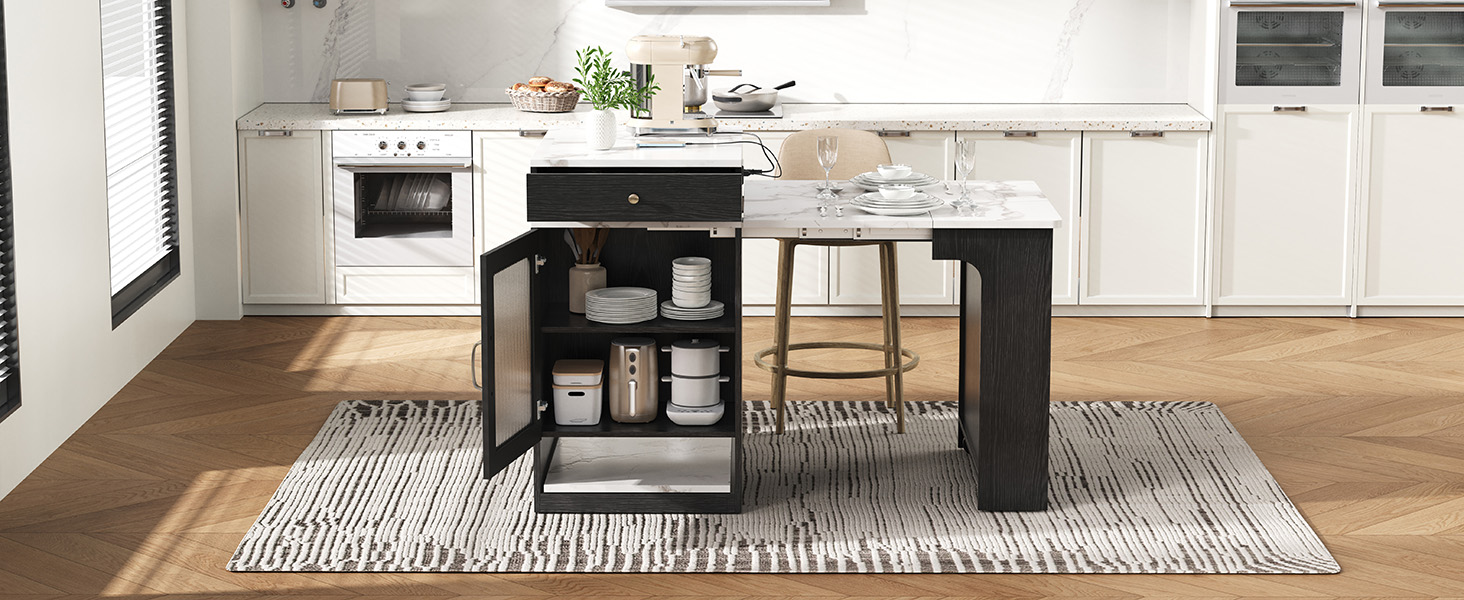 K&K 59.5" Kitchen Island with Extendable Dining Table, Kitchen Storage Table with Double-sided Storage, Kitchen Island with 2 Drawers, Power Outlet, Side Open Shelves, for Kitchen, Dining Room, Black - Image 6