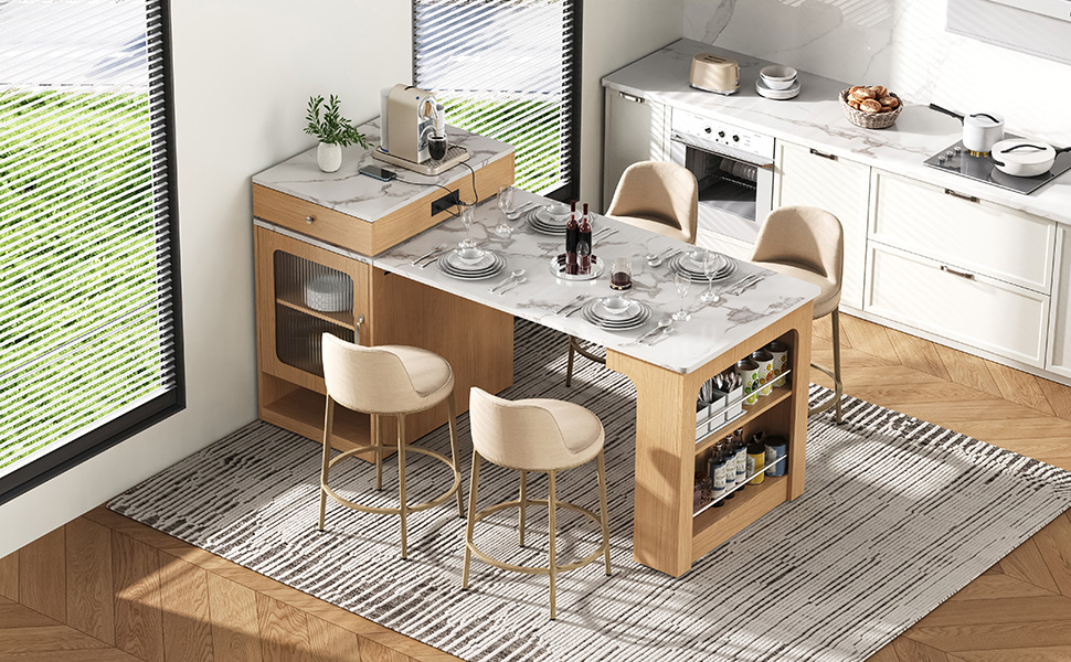 K&K 59.5"Kitchen Island with Extendable Dining Table, Kitchen Storage Table with Double-sided Storage, Kitchen Island with 2 Drawers, Power Outlet, Side Open Shelves, for Kitchen, Dining Room, Natural - Image 2