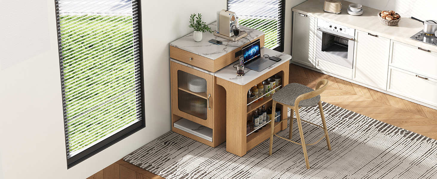 K&K 59.5"Kitchen Island with Extendable Dining Table, Kitchen Storage Table with Double-sided Storage, Kitchen Island with 2 Drawers, Power Outlet, Side Open Shelves, for Kitchen, Dining Room, Natural - Image 4